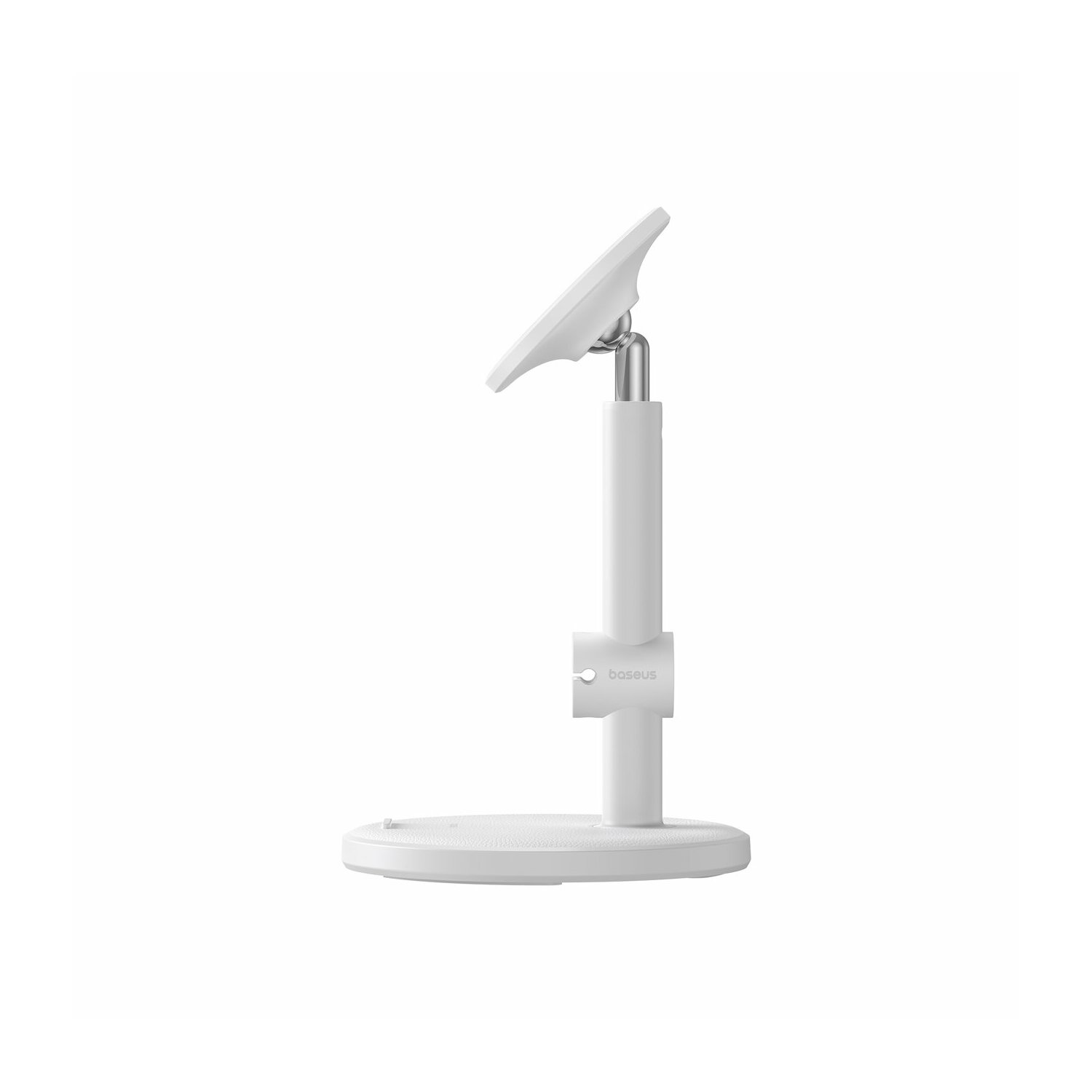 Biały stojak na telefon z regulowanym ramieniem i okrągłą podstawą.