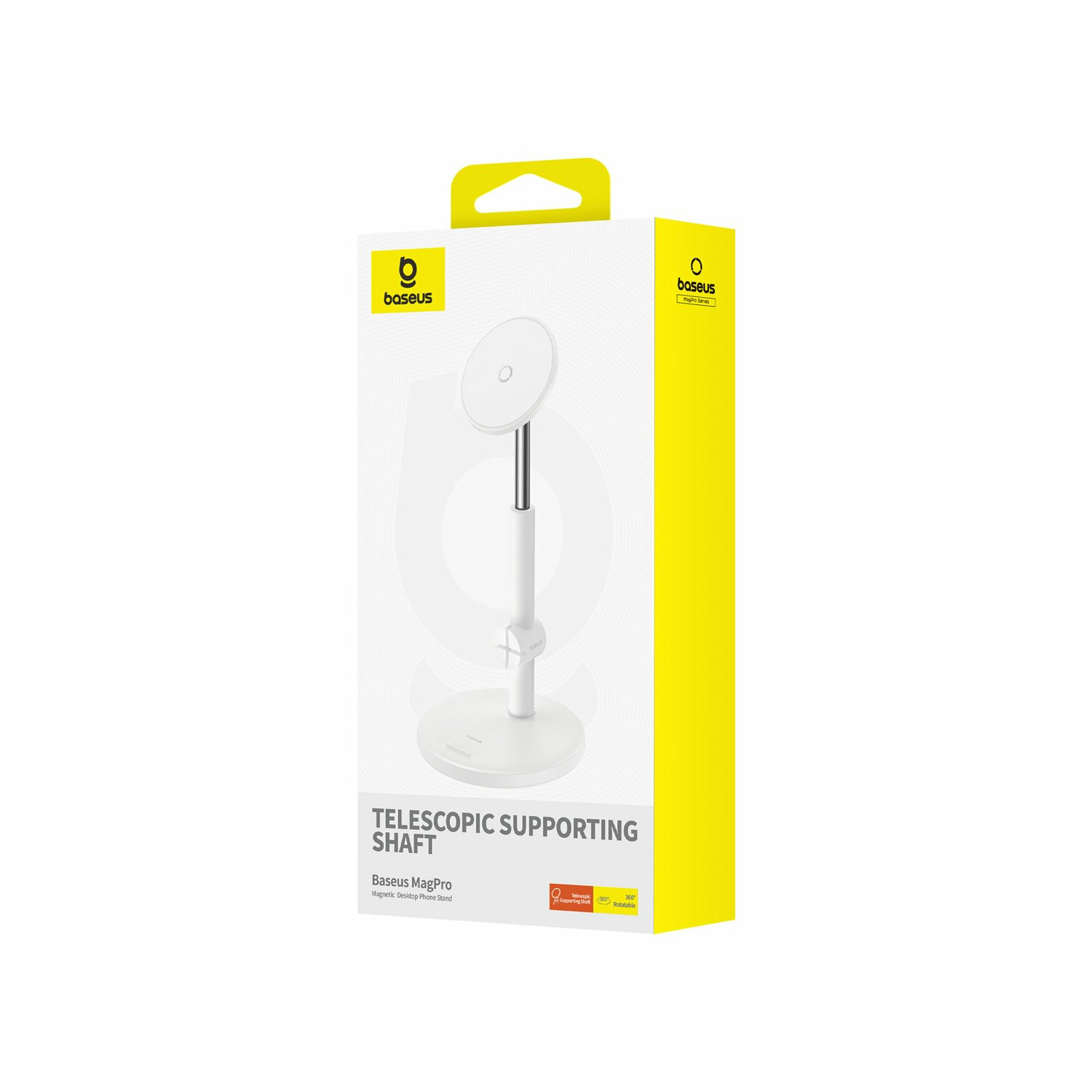 Biało-żółte pudełko stojaka na telefon Baseus pokazujące magnetyczny stojak na telefon.
