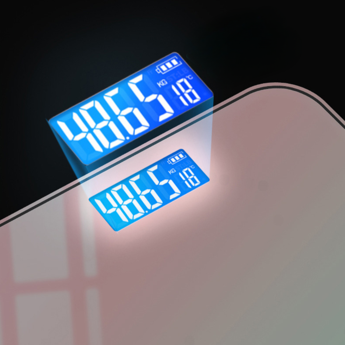 Digitale Badezimmerwaage, die Gewicht und Temperatur anzeigt. Anzeige ist blau.