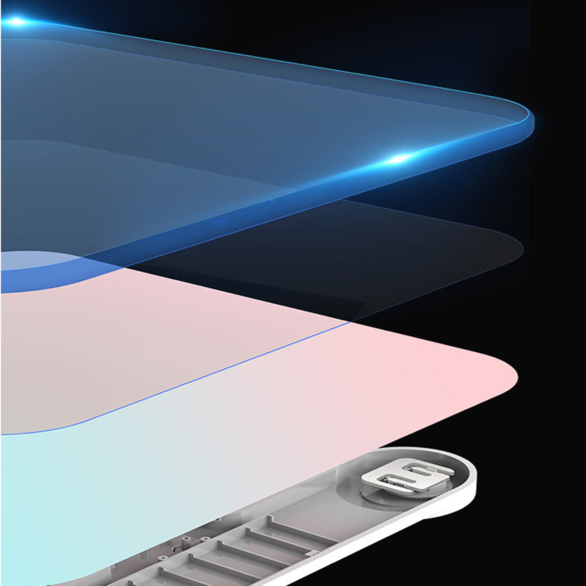 Geschichtete Smartphone-Displayschutzfolien. Blaue, rosa und weiße Schichten, schwarzer Hintergrund, Glanzeffekt.