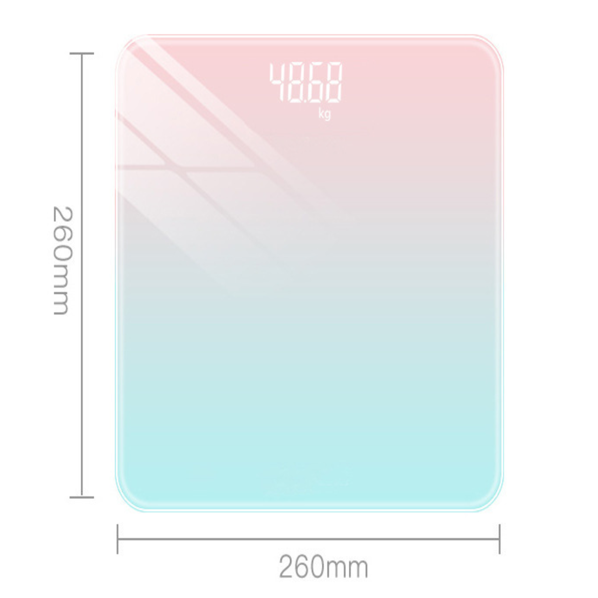 Eine quadratische digitale Badezimmerwaage. Die Anzeige zeigt 48,68 kg. Die Waage hat einen Farbverlauf von Rosa zu Blau.
