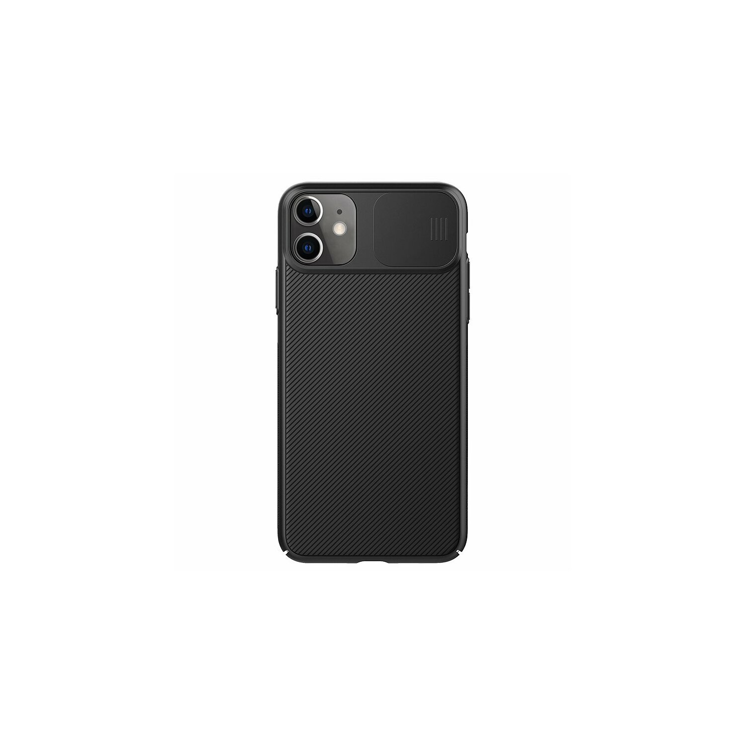 Custodia per telefono nera con retro strutturato. Ha una copertura scorrevole per la fotocamera e due lenti.