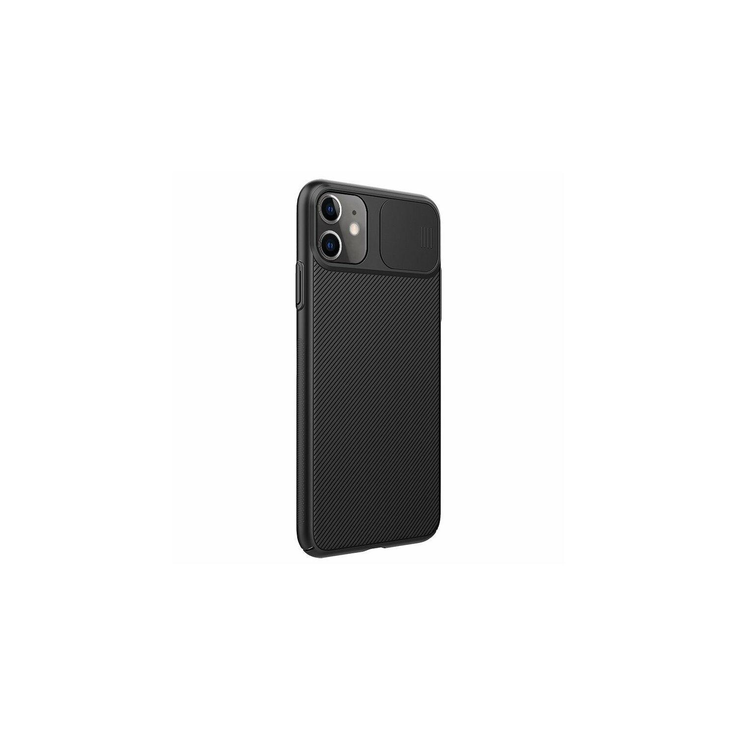 Custodia nera per iPhone 11 con copertura per fotocamera. La custodia ha una superficie strutturata.
