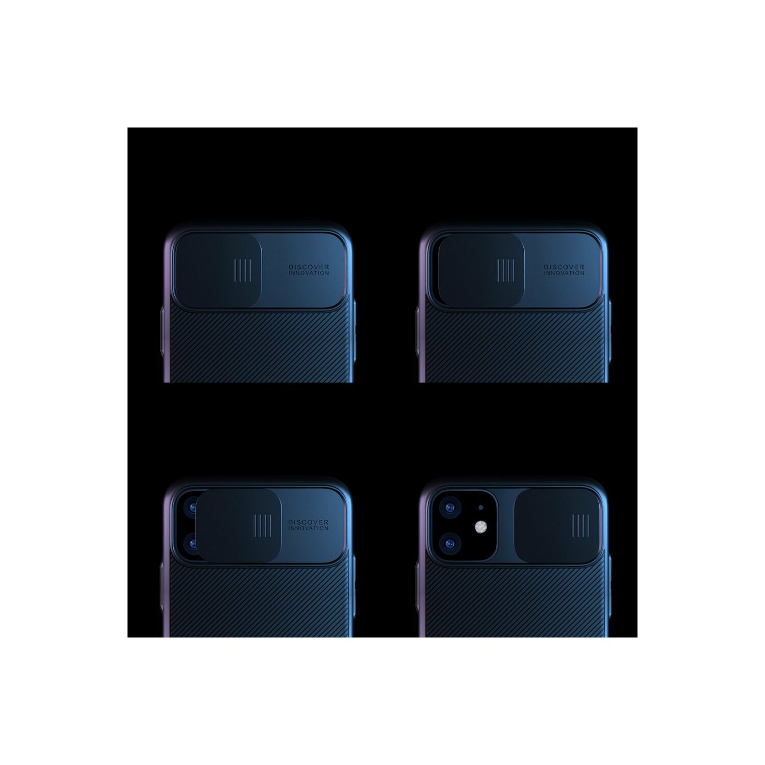 Quattro custodie nere per telefono, ciascuna con un ritaglio per la fotocamera e una copertura scorrevole.