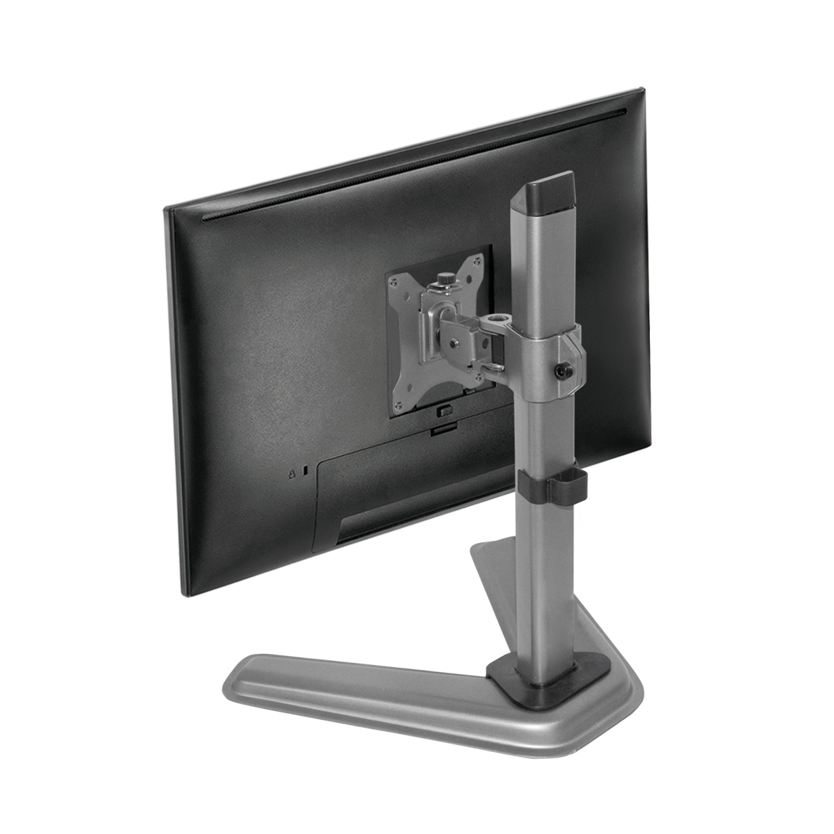 Computermonitor auf einem silbernen Ständer. Der Monitor ist schwarz, und der Ständer ist silber.