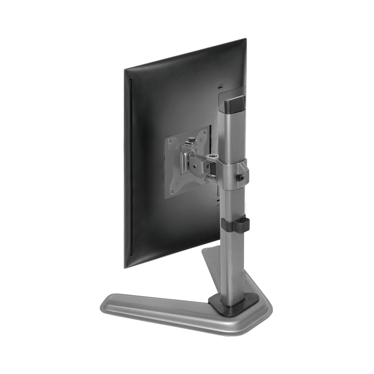 Rückseite des Monitors und Ständers, silber und schwarz. Zeigt Rückseite und Halterung.
