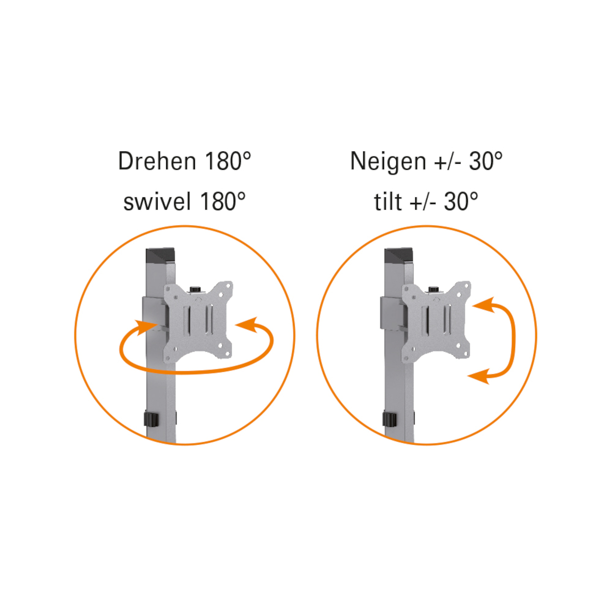 Zwei Diagramme, die die Schwenk- und Neigungswinkel der Monitorhalterung zeigen.