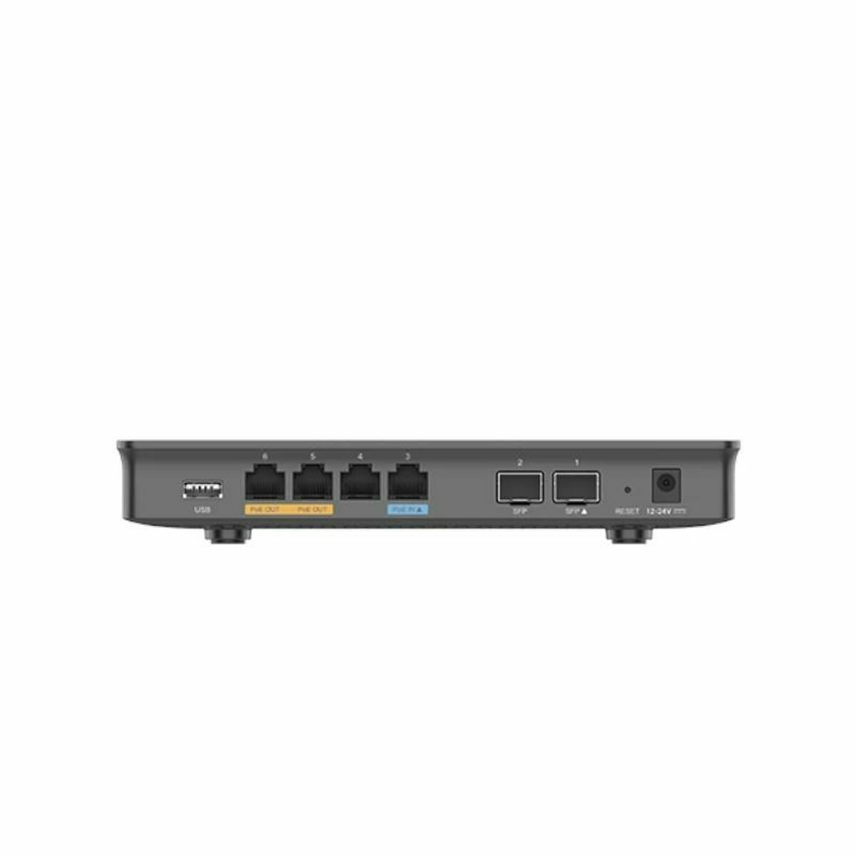 Vista trasera de un dispositivo de red negro con puertos y conexiones. Tiene un puerto USB y una entrada de alimentación.
