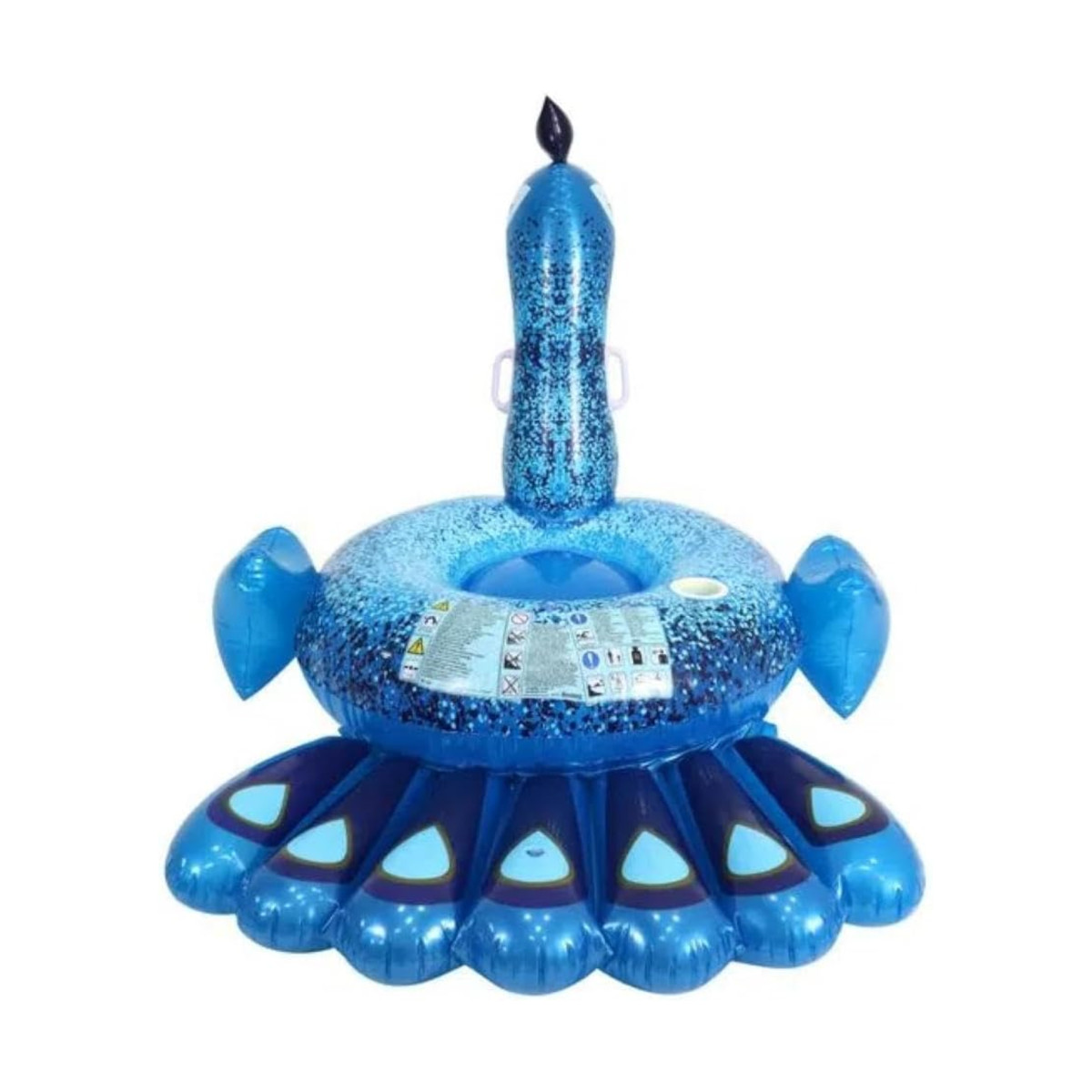 Galleggiante gonfiabile a forma di pavone blu con coda e testa dettagliate, isolato su bianco.
