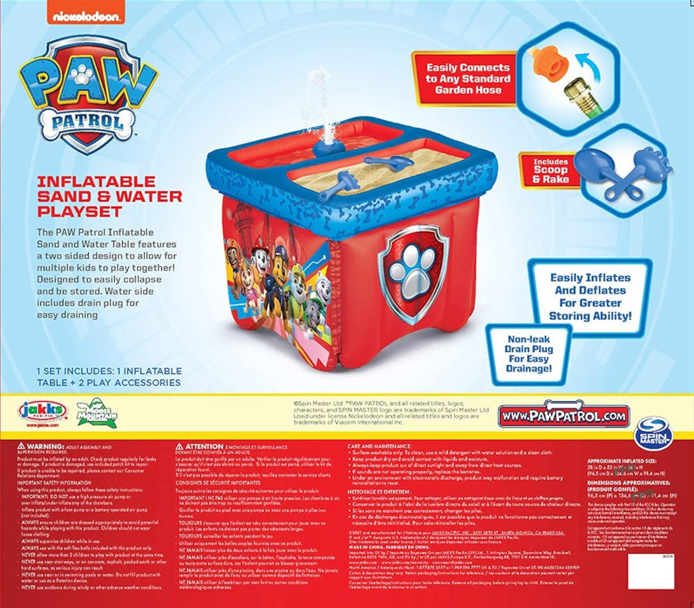 Aufblasbares Paw Patrol-Spielset mit Sand- und Wassertisch, Schaufel und Rechen. Rote und blaue Farben dominieren.