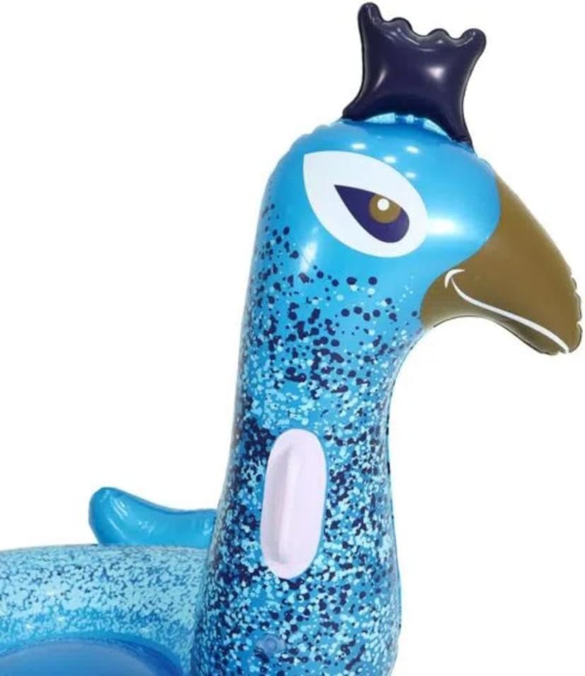 Giocattolo gonfiabile a forma di pavone blu e bianco, primo piano.