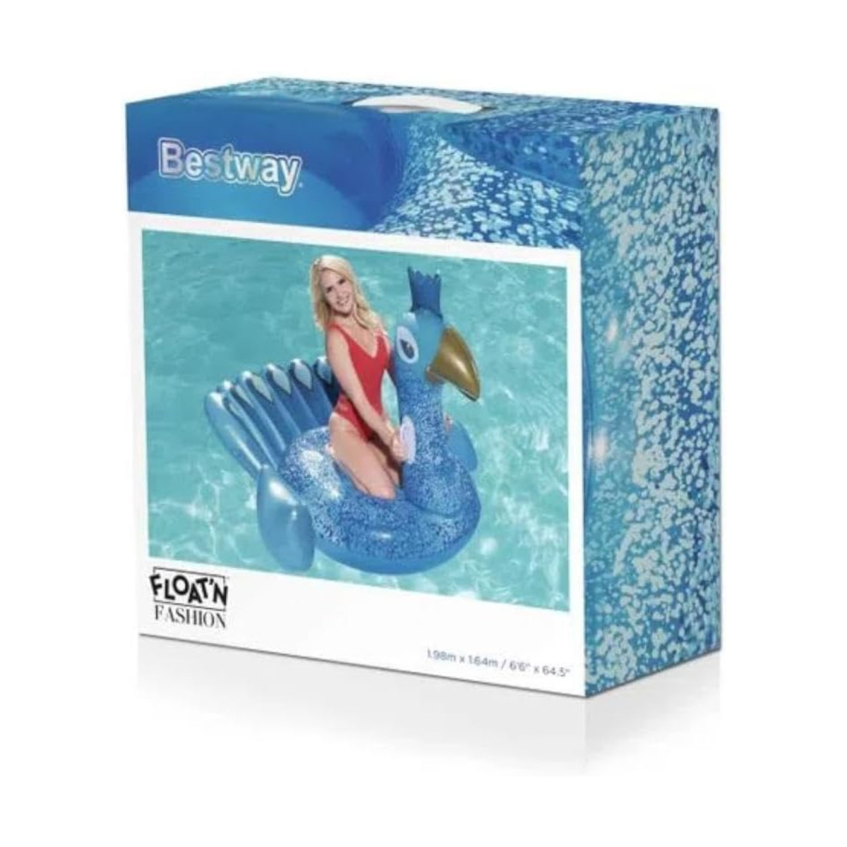 Scatola con una donna su un galleggiante di pavone blu in una piscina, etichettata 'Bestway'.