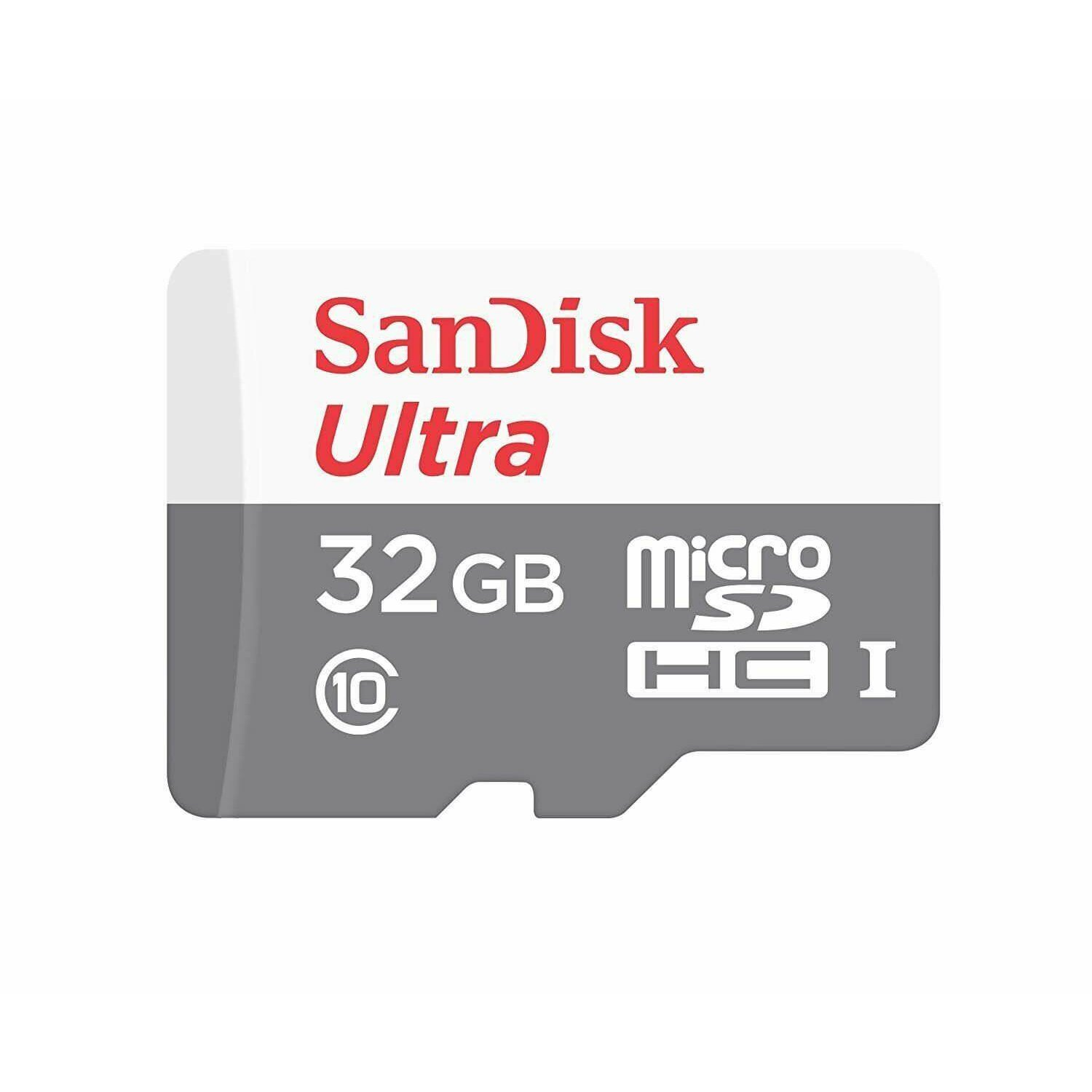 SanDisk Ultra 32GB microSD-Karte. Die Karte ist grau und weiß mit Text.