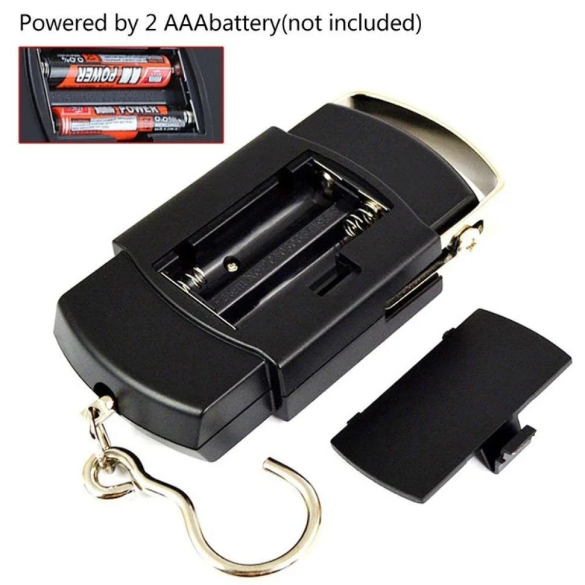 Schwarze Digitalwaage mit Haken, Batteriefach und Abdeckung.