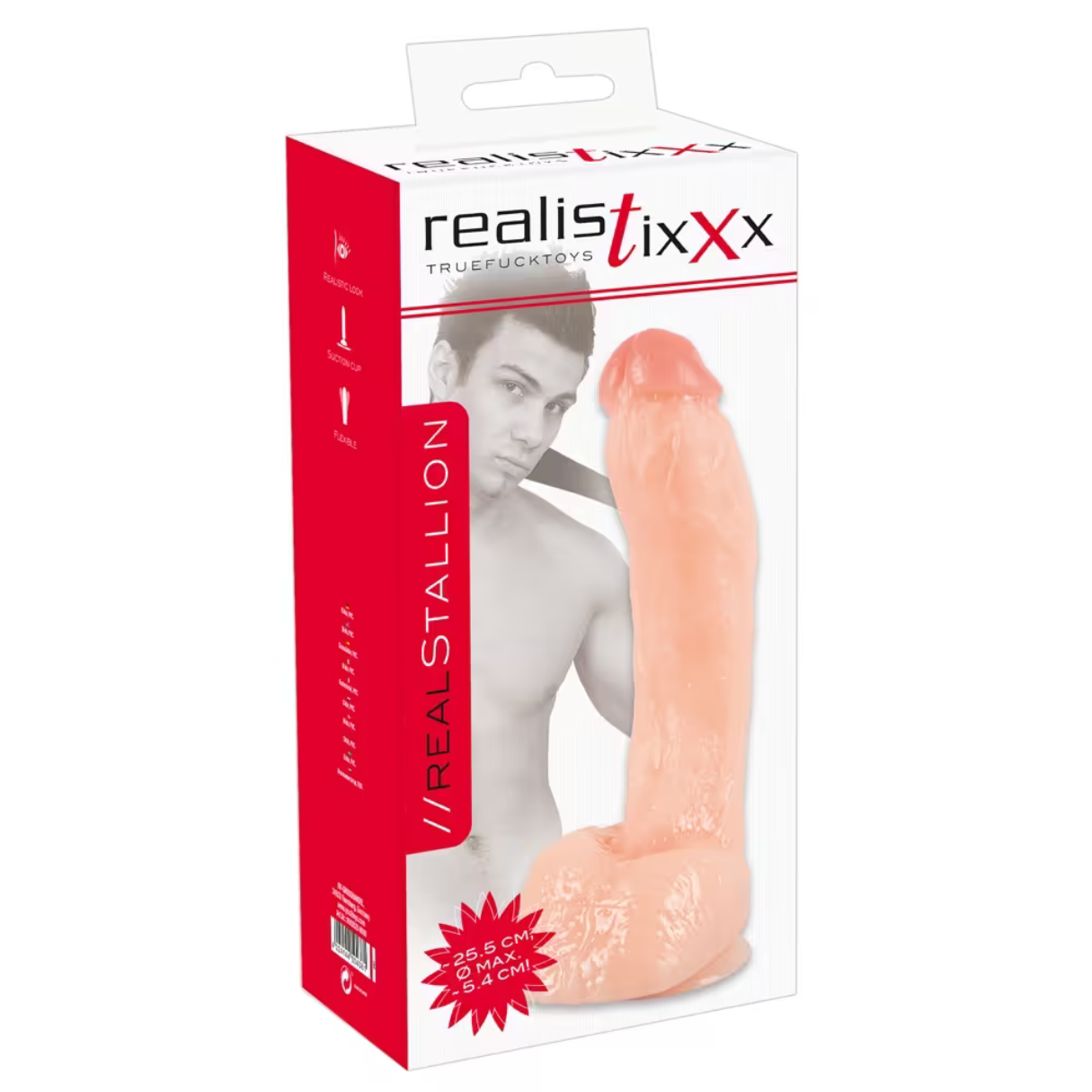 Eine Box mit einem realistischen Sexspielzeug. Es ist fleischfarben, mit einem Männergesicht auf der Box. Der Text lautet //REALSTALLION.