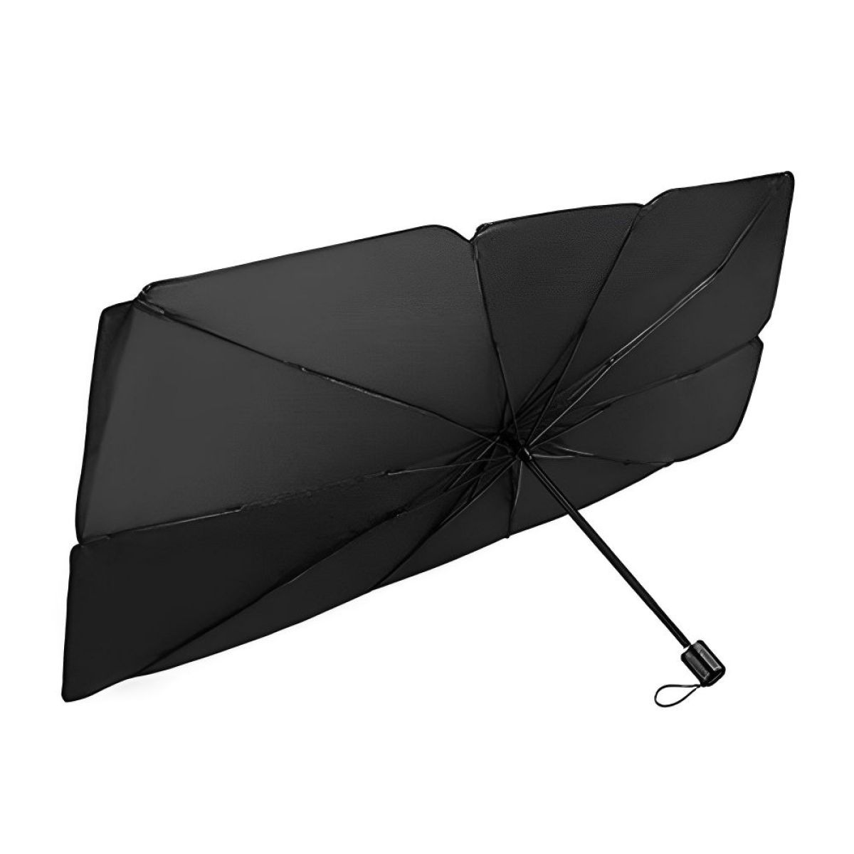 Schwarzer Sonnenschutz für das Auto, geöffnet. Es hat einen Griff und steht vor weißem Hintergrund.