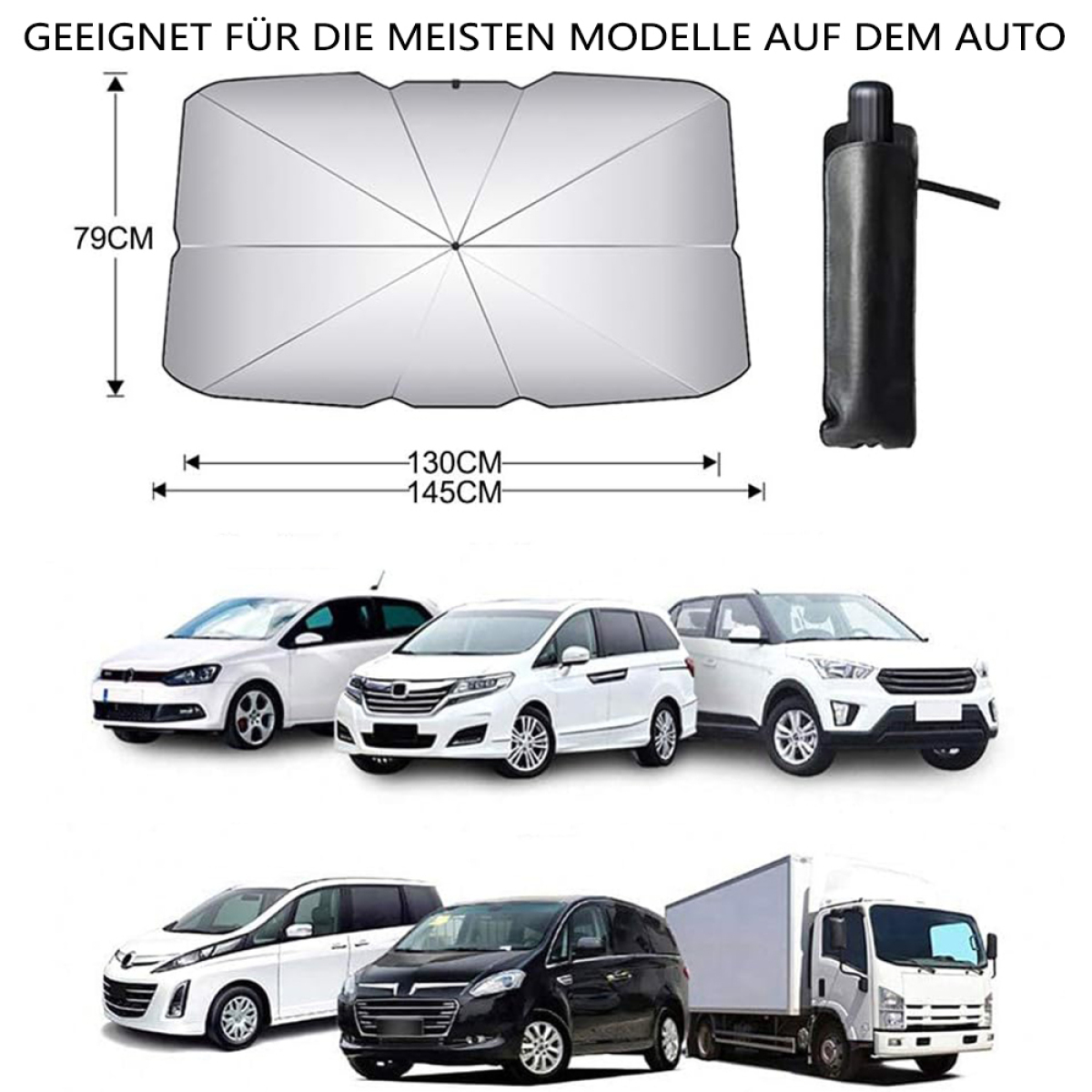 Ein Autosonnenschutz mit Maßen und einer schwarzen Tragetasche. Autos sind im Hintergrund.