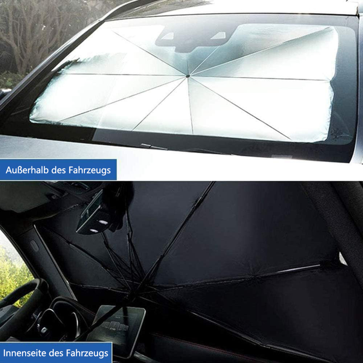 Sonnenschutz im Auto, innen und außen am Fenster, mit deutschem Text.
