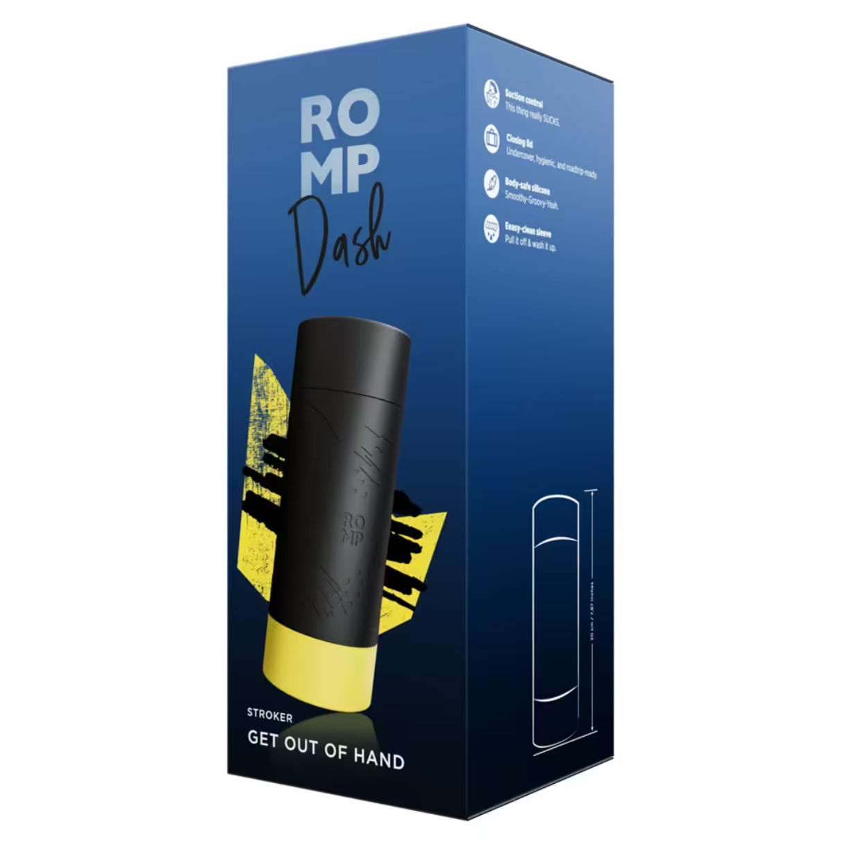 Produktbox für einen ROMP Dash Stroker. Verfügt über ein schwarz-gelbes Design.