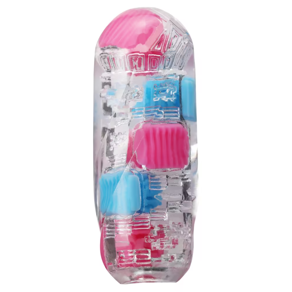 Klarer, rechteckiger Gegenstand mit rosa und blauen Strukturen im Inneren. Abstraktes Design.