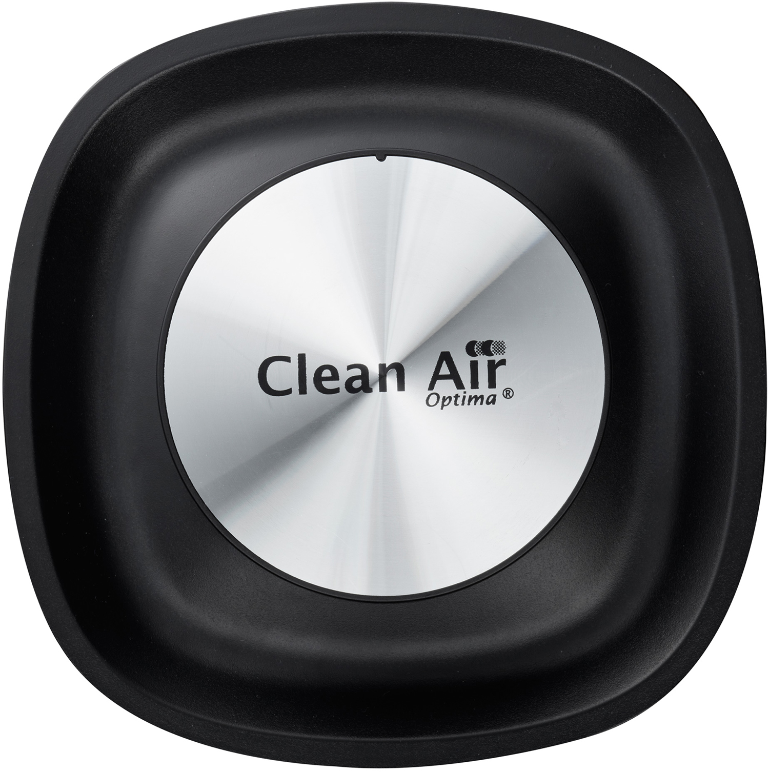Ein schwarzer Luftreiniger mit einer silbernen zentralen Scheibe mit der Aufschrift 'Clean Air Optima'.