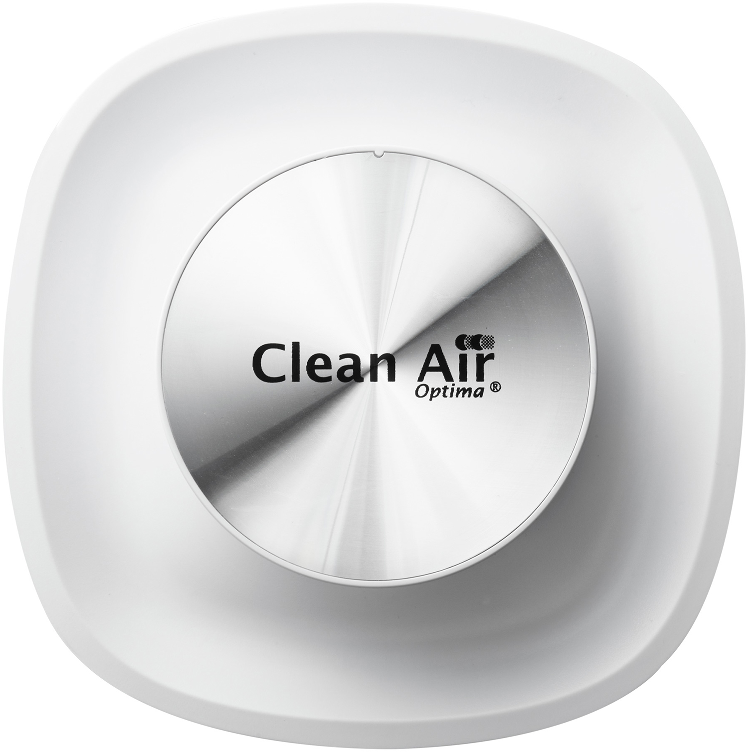 Purificateur d'air blanc avec centre argenté. Le texte au centre est Clean Air Optima.