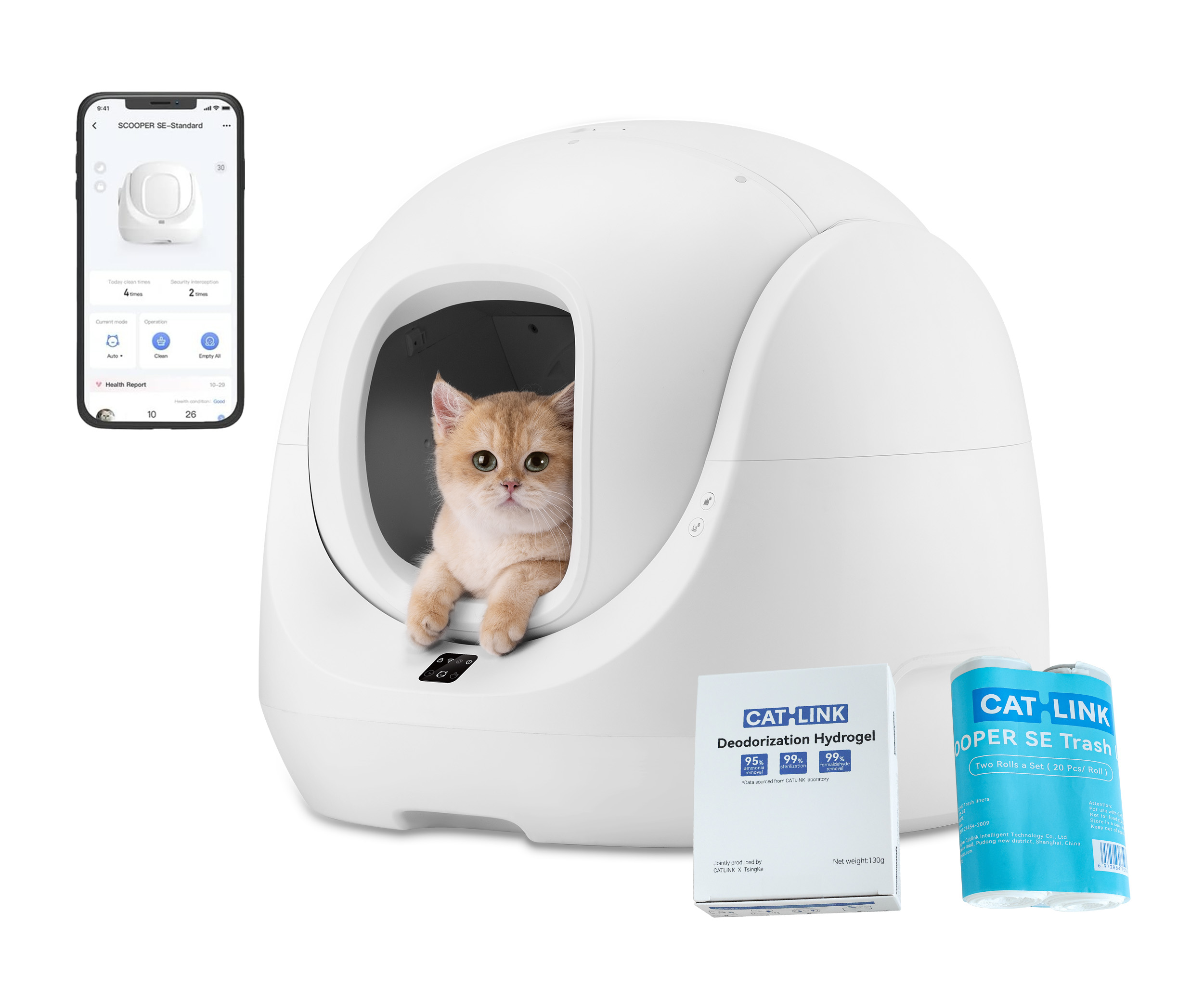 A white cat in a white, automated litter box. A phone screen shows the app.
