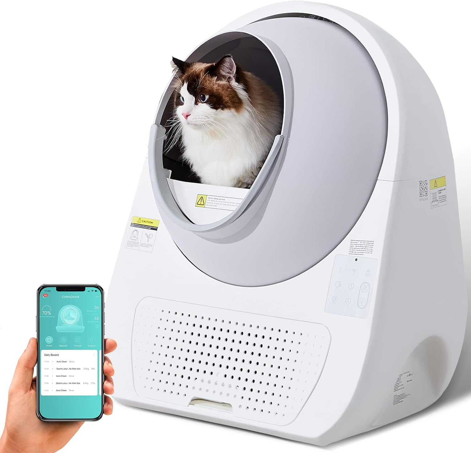 White cat inside a white self-cleaning litter box.
