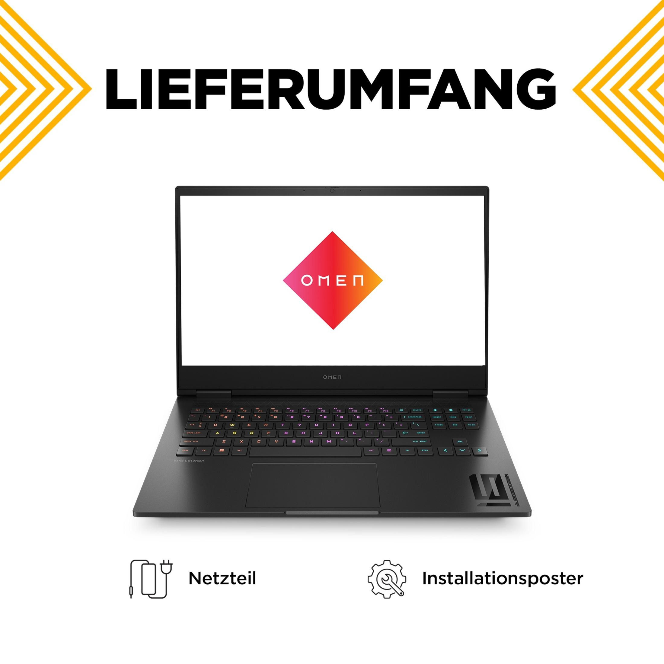 Ein schwarzer Laptop mit farbenfroher Tastatur und OMEN-Logo auf dem Bildschirm, mit Zubehör darunter.