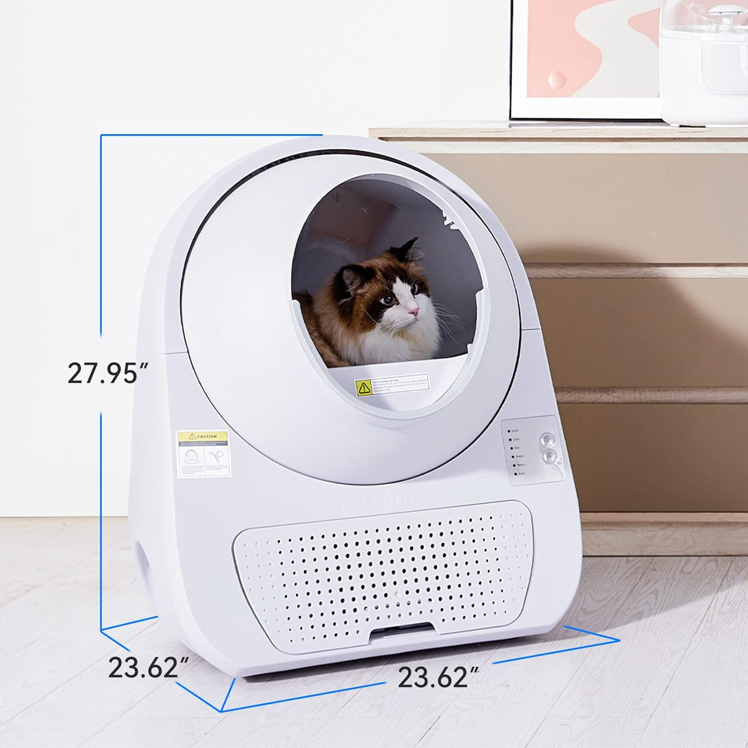 Eine weiße Katzentoilette mit Katze. Maße: 23.62" x 23.62" x 27.95".