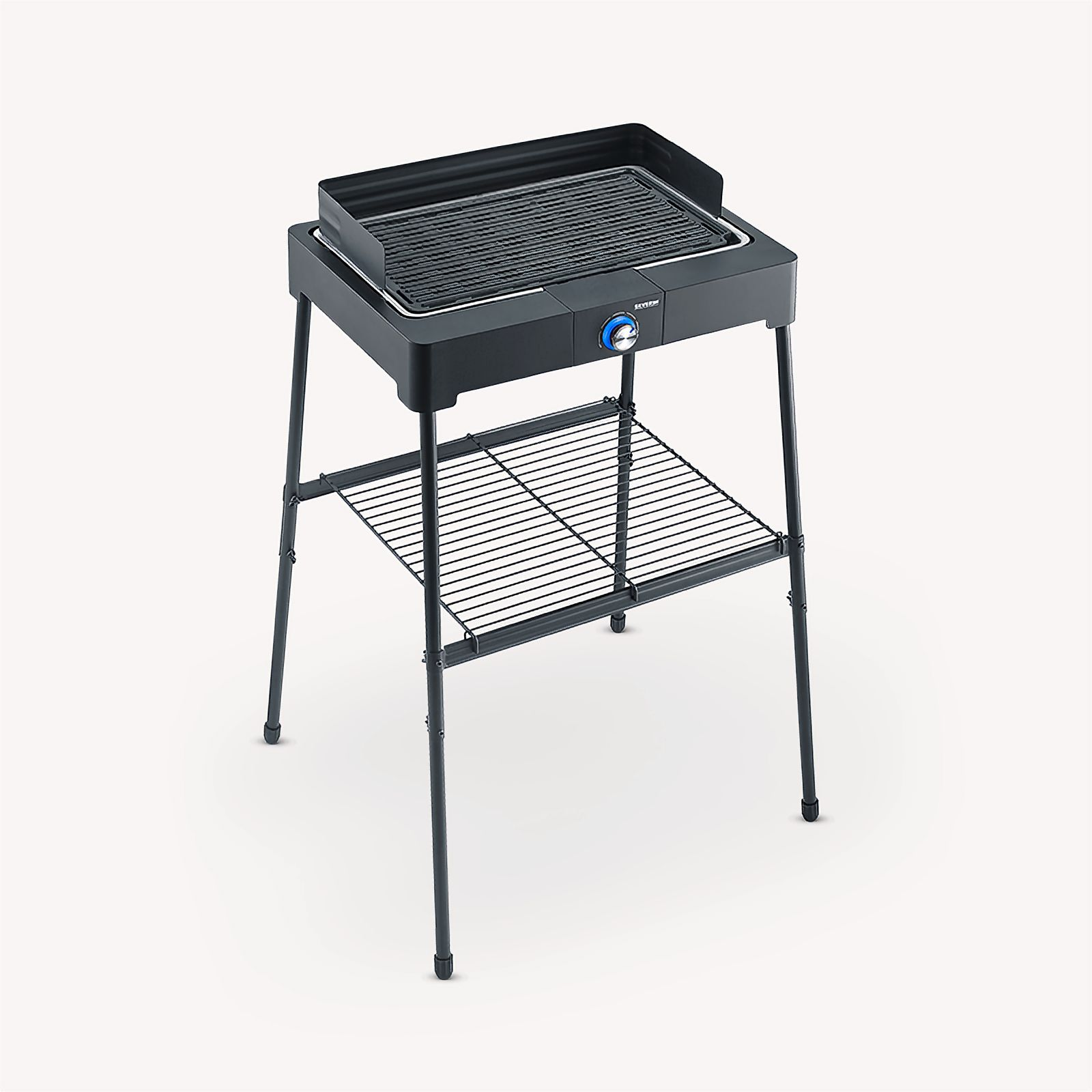 Black electric grill on a stand, with a shelf below and a white background.