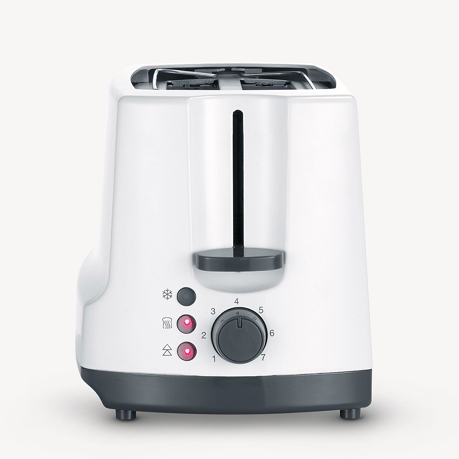 Biały toster z ciemnoszarą podstawą. Są przyciski i pokrętło do ustawień.