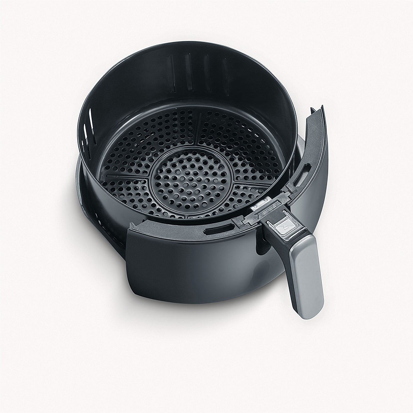 Czarny kosz do frytkownicy beztłuszczowej, uchwyt i części.