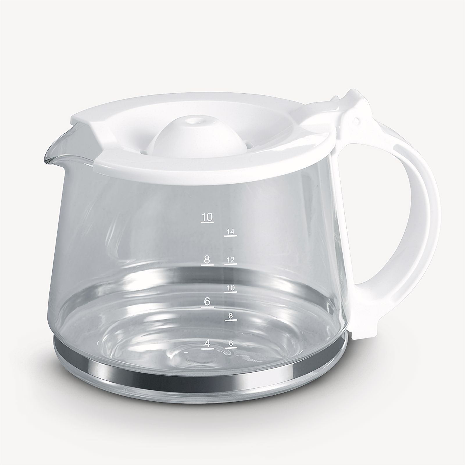 Una caffettiera in vetro trasparente con coperchio e manico bianchi, con segni di misurazione.