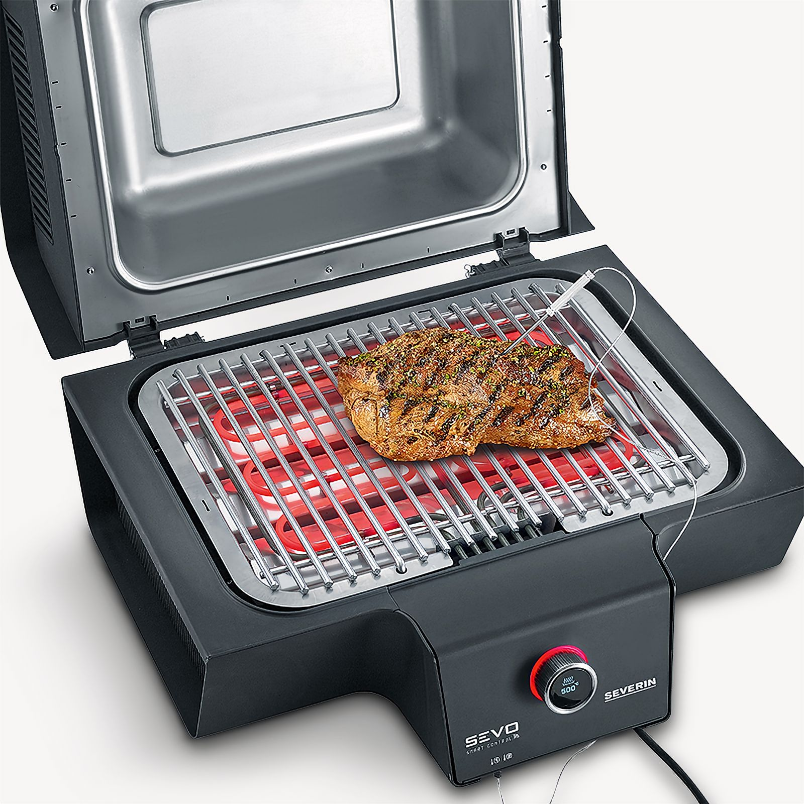 Schwarzer Elektrogrill mit einem darin bratenen Steak. Es zeigt die Temperaturregelung.