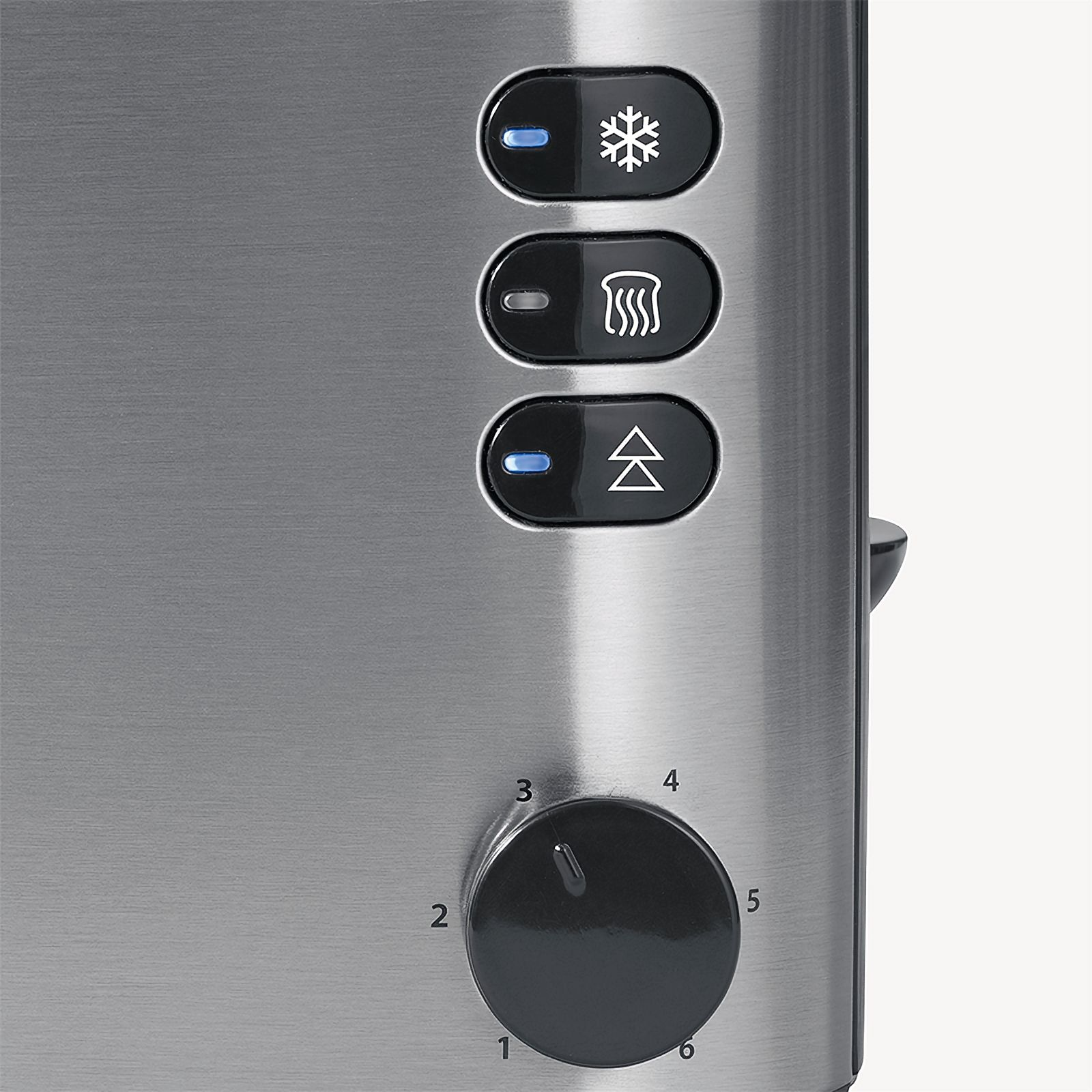 Zbliżenie metalowego tostera z przyciskami do rozmrażania, podgrzewania i anulowania. Również pokrętło.