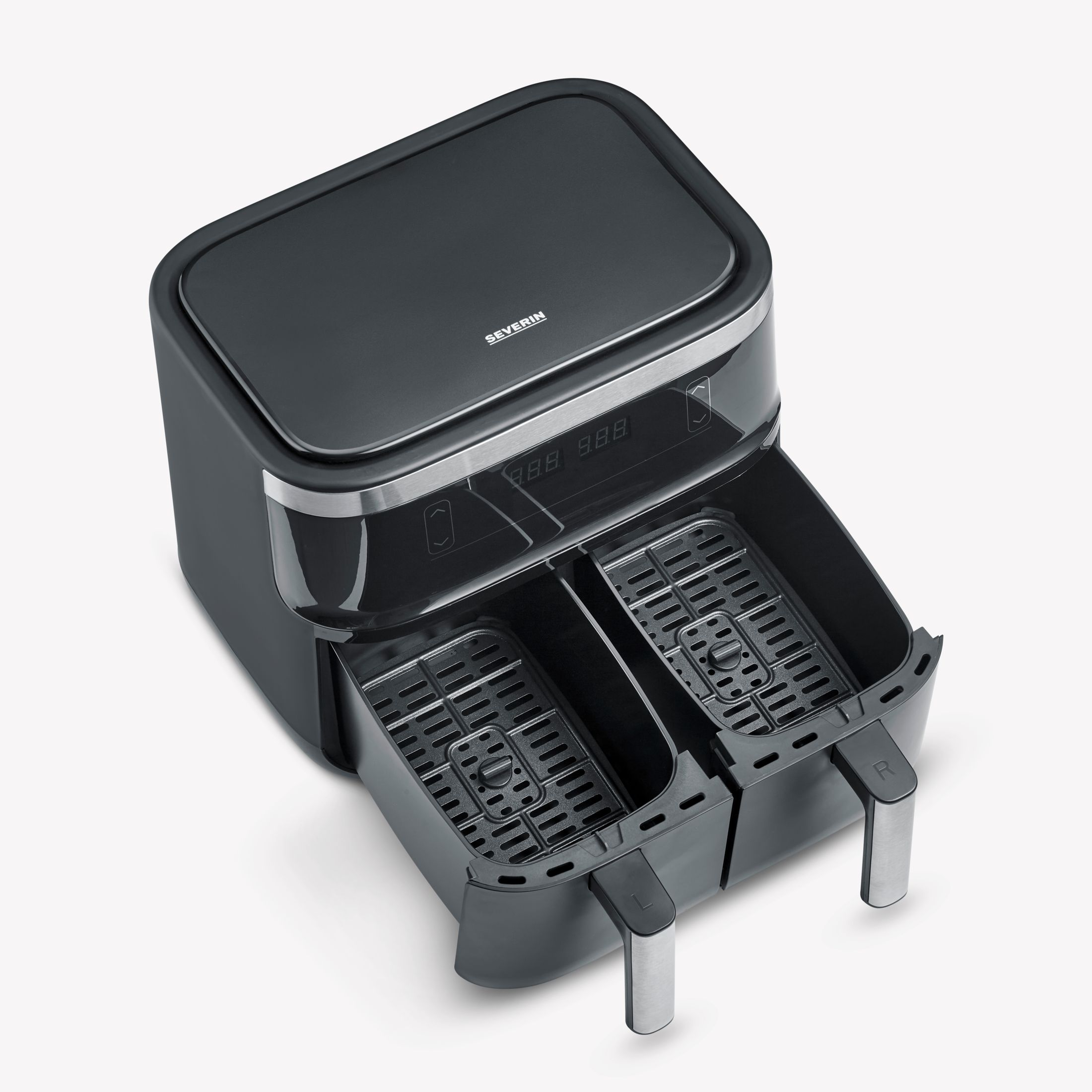 Czarna frytkownica beztłuszczowa z podwójną szufladą.