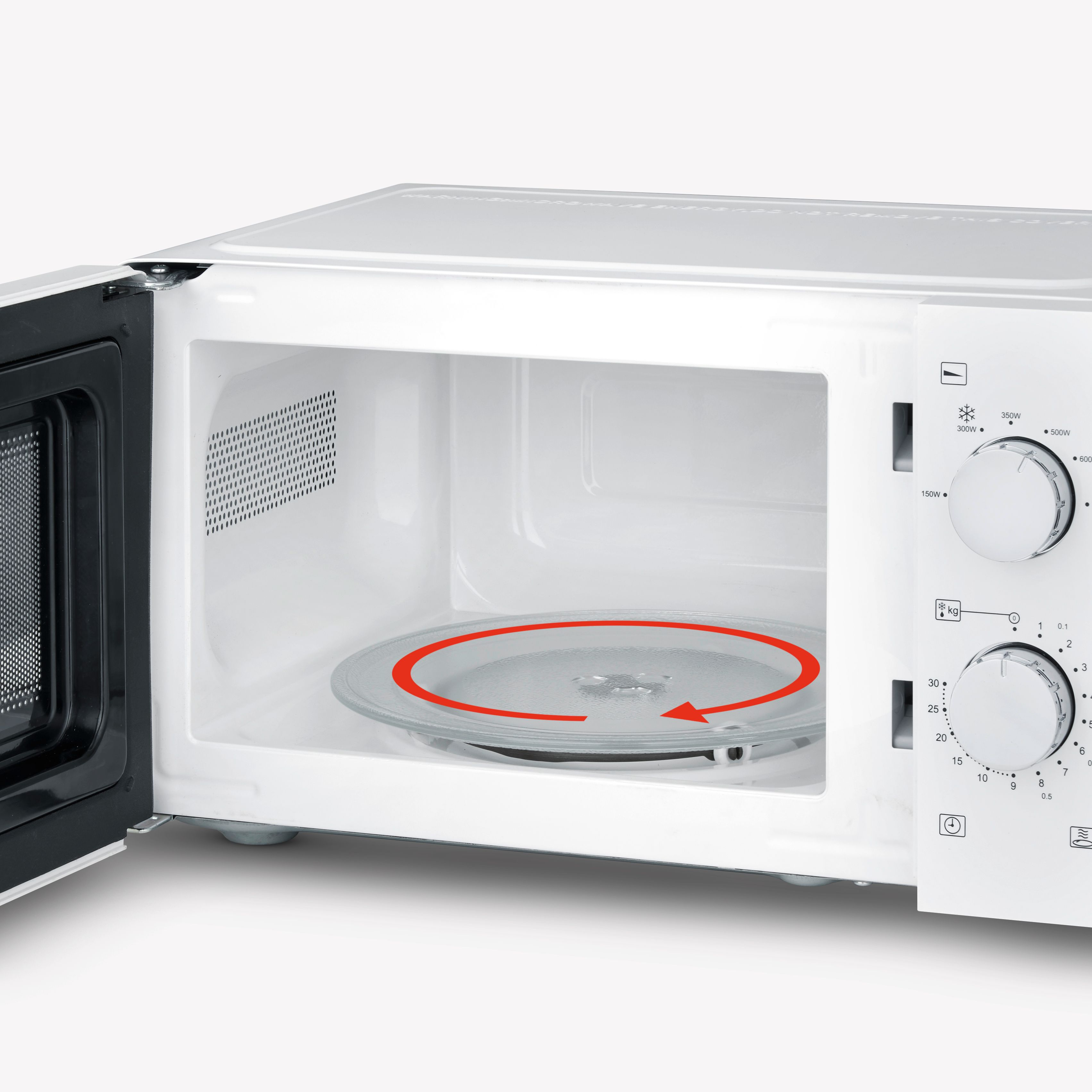 Biała kuchenka mikrofalowa z otwartymi drzwiami. Widoczny talerz obrotowy ze strzałką.