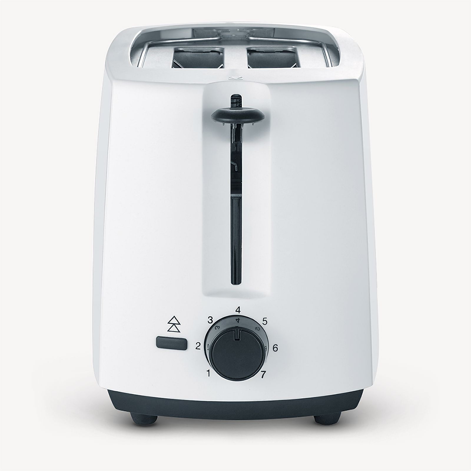 Ein weißer Toaster mit schwarzem Bedienknopf und Hebel, mit sichtbarer Zahlenanzeige.