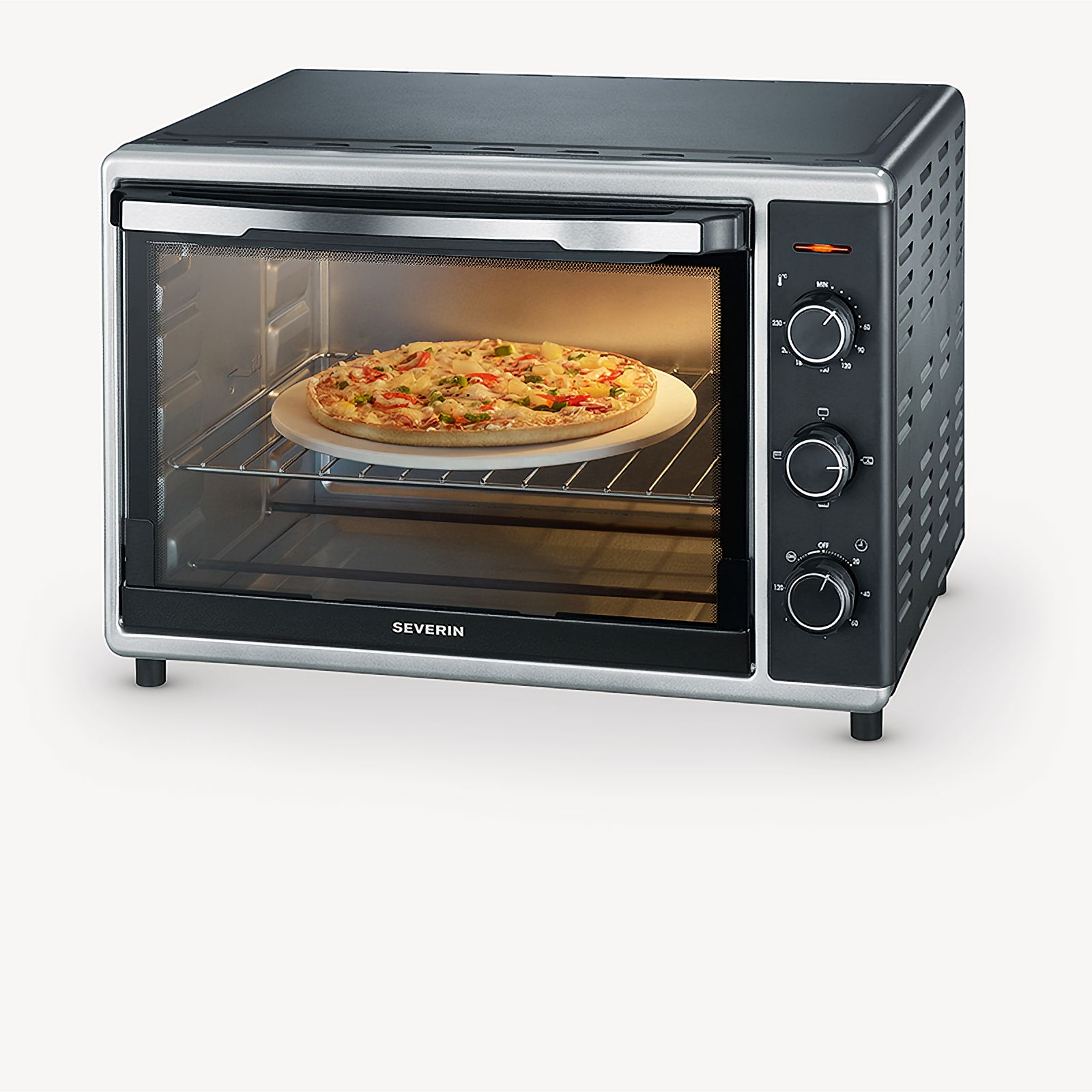 Horno con pizza en piedra. Controles visibles a la derecha.