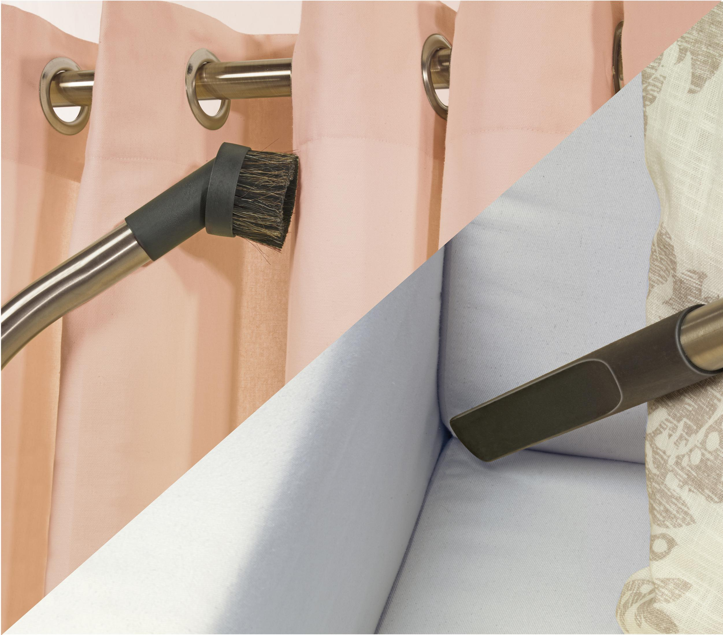 Odkurzacz czyszczący zasłony i sofę. Różowe zasłony z metalowymi kółkami, szara sofa.