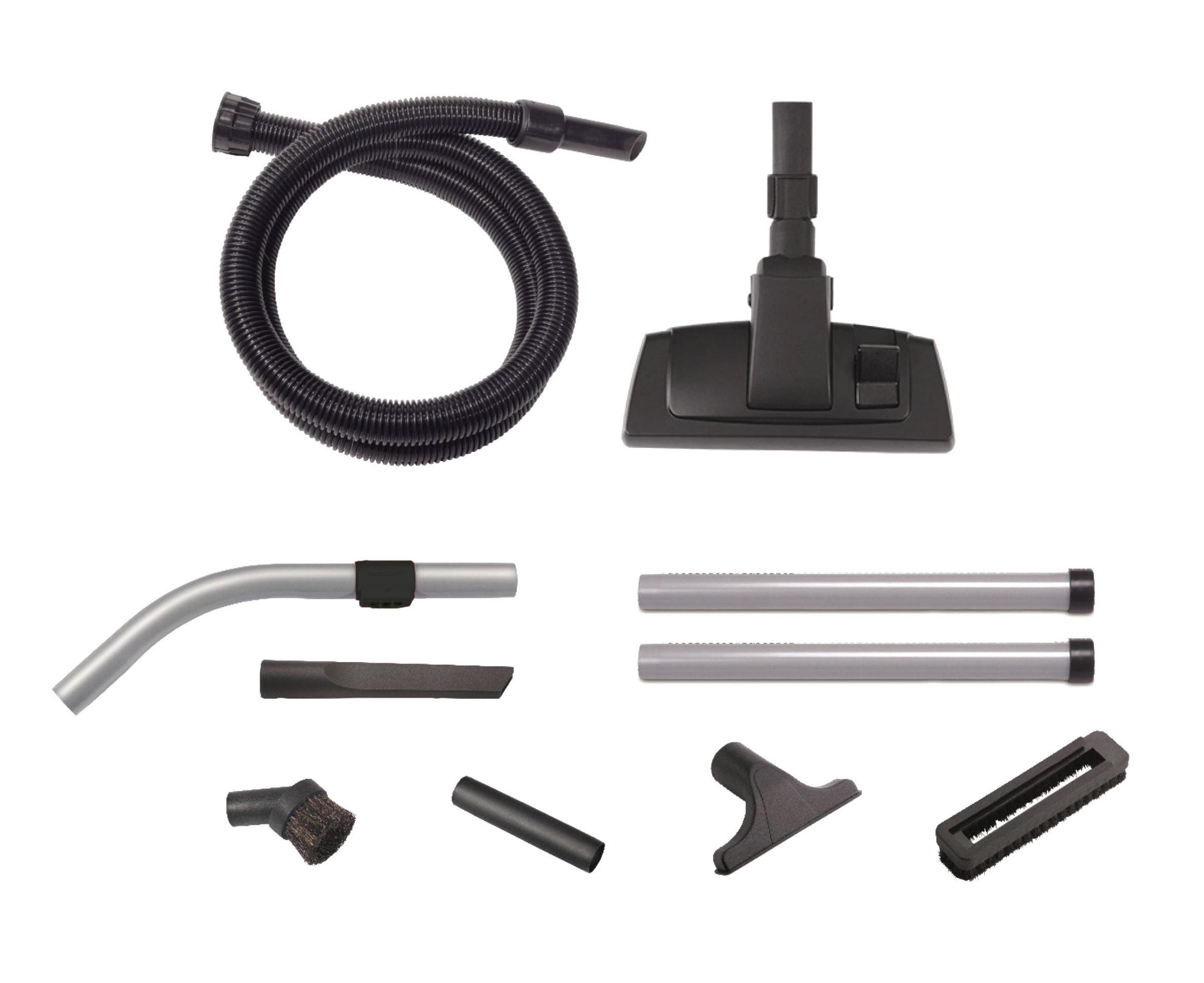 Akcesoria do odkurzacza: wąż, szczotka i różne dysze, wszystko na białym tle.