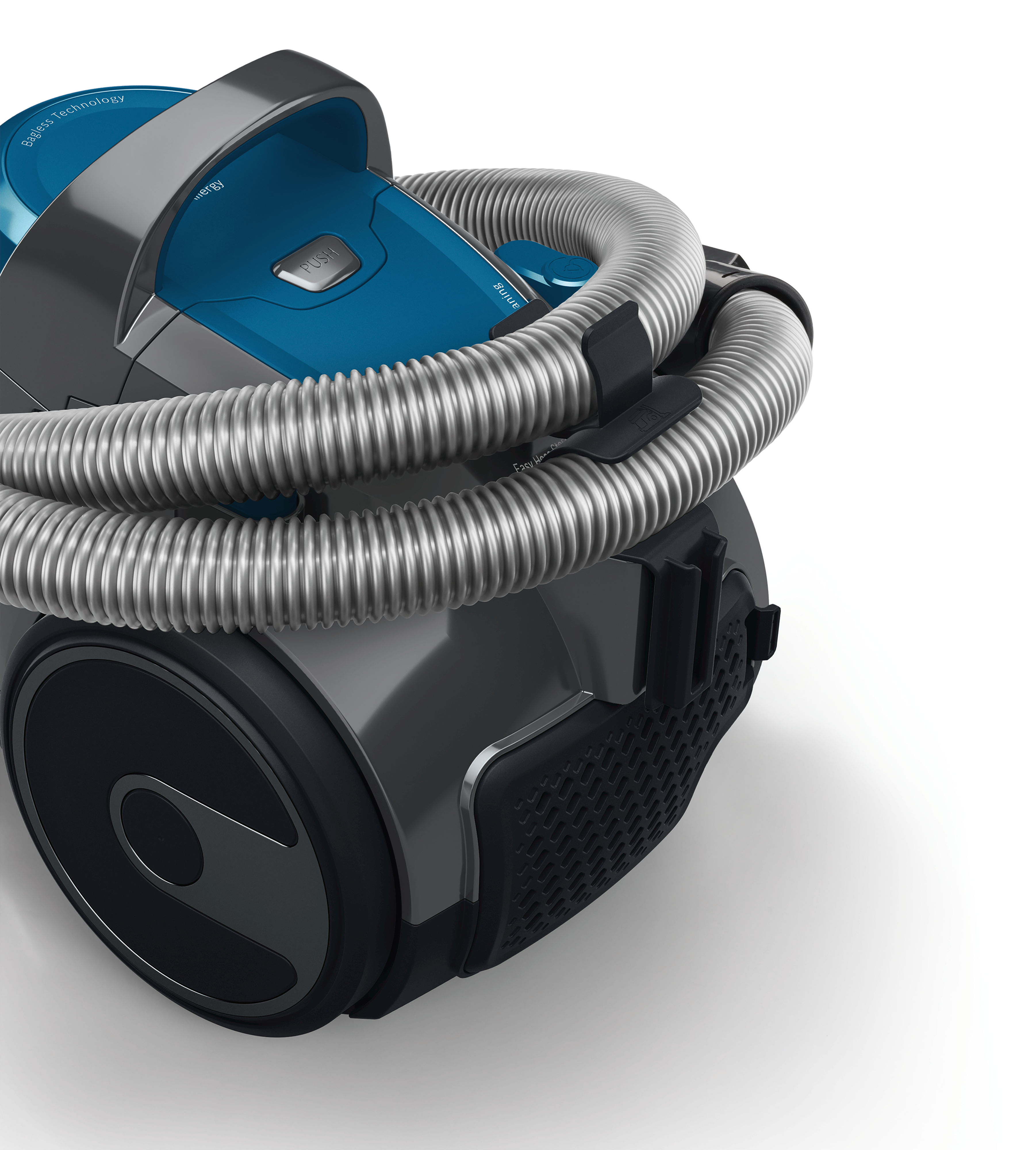 Zbliżenie szarego i turkusowego odkurzacza ze zwiniętym wężem.