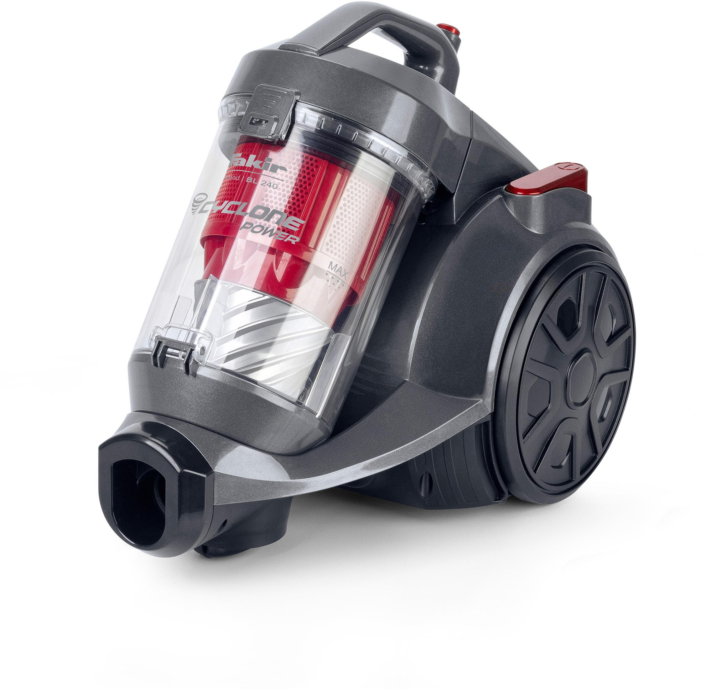 Grauer Staubsauger mit transparentem Staubbehälter und rotem Filter. Schwarze Räder und Düse.
