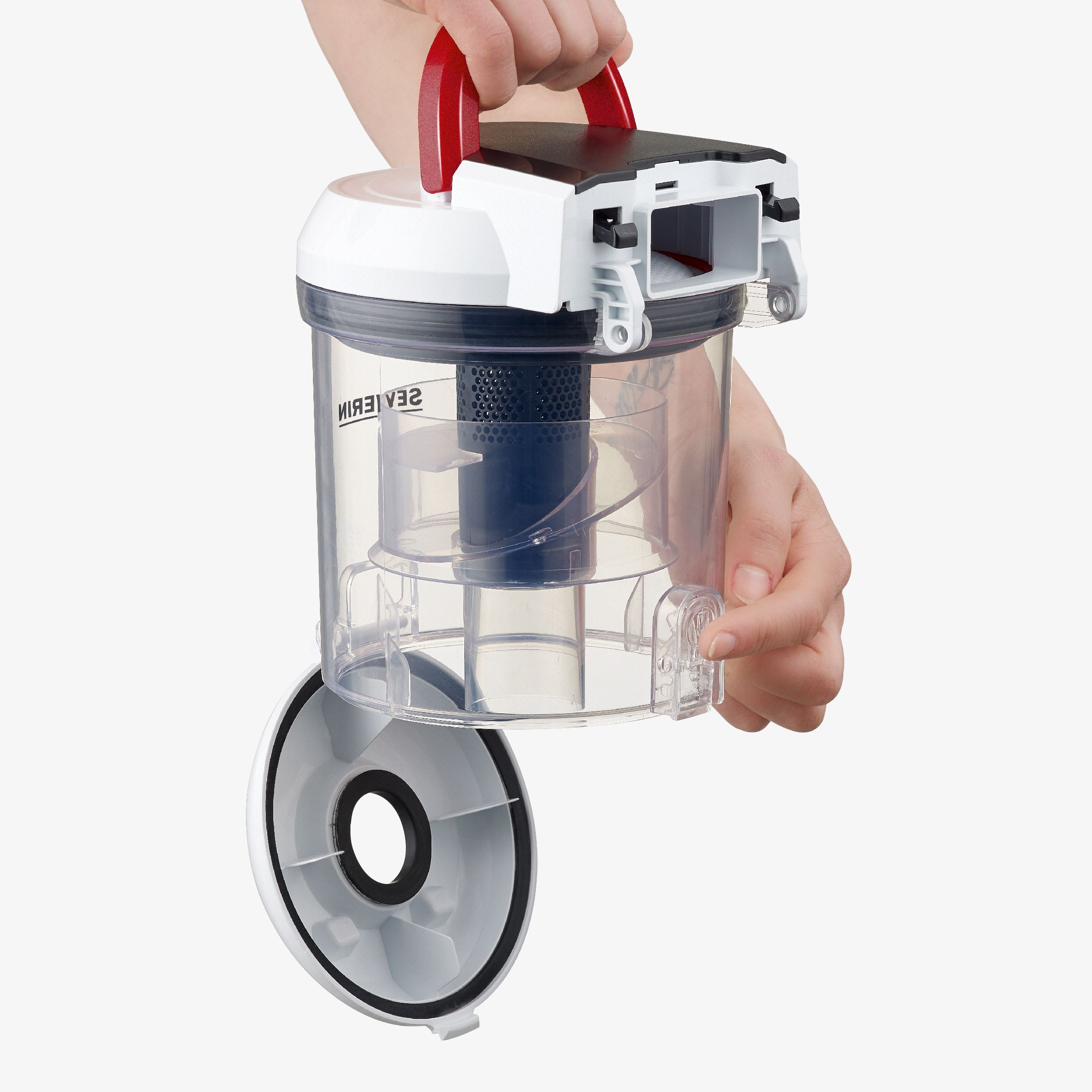 Pojemnik na kurz odkurzacza trzymany, pokazujący wewnętrzne elementy na białym tle.