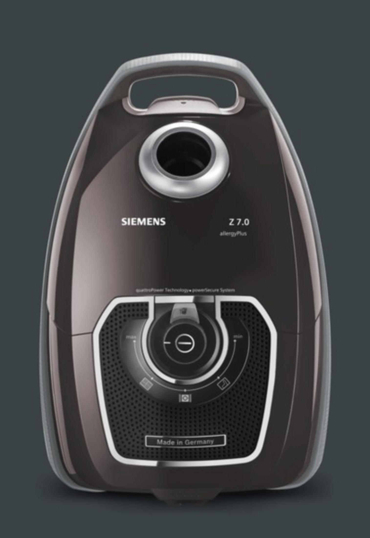 Ein dunkelbrauner Siemens Z7.0 Staubsauger mit Leistungsregler und Belüftungsöffnungen.