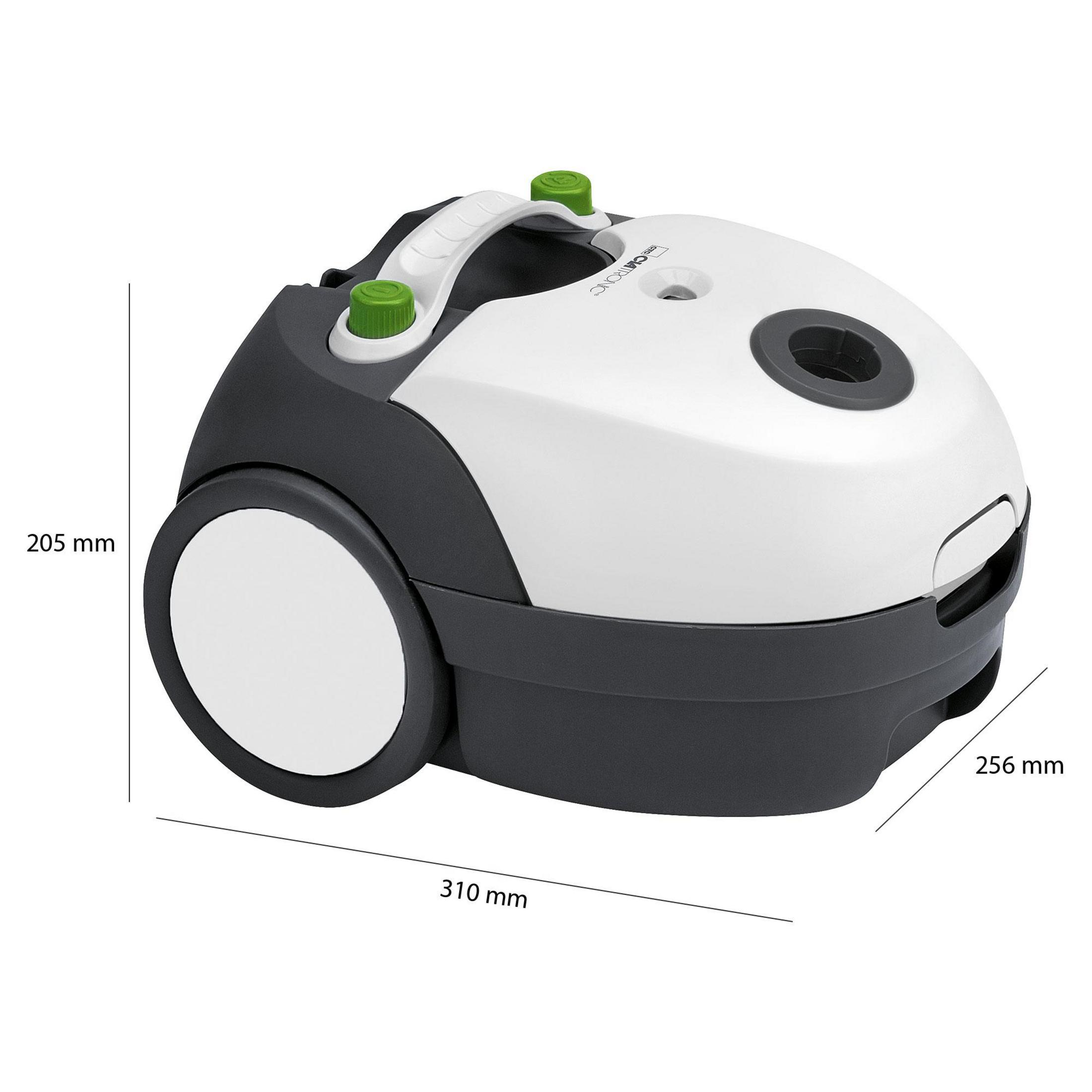 Biało-szary odkurzacz z wymiarami: 205 mm x 310 mm x 256 mm.