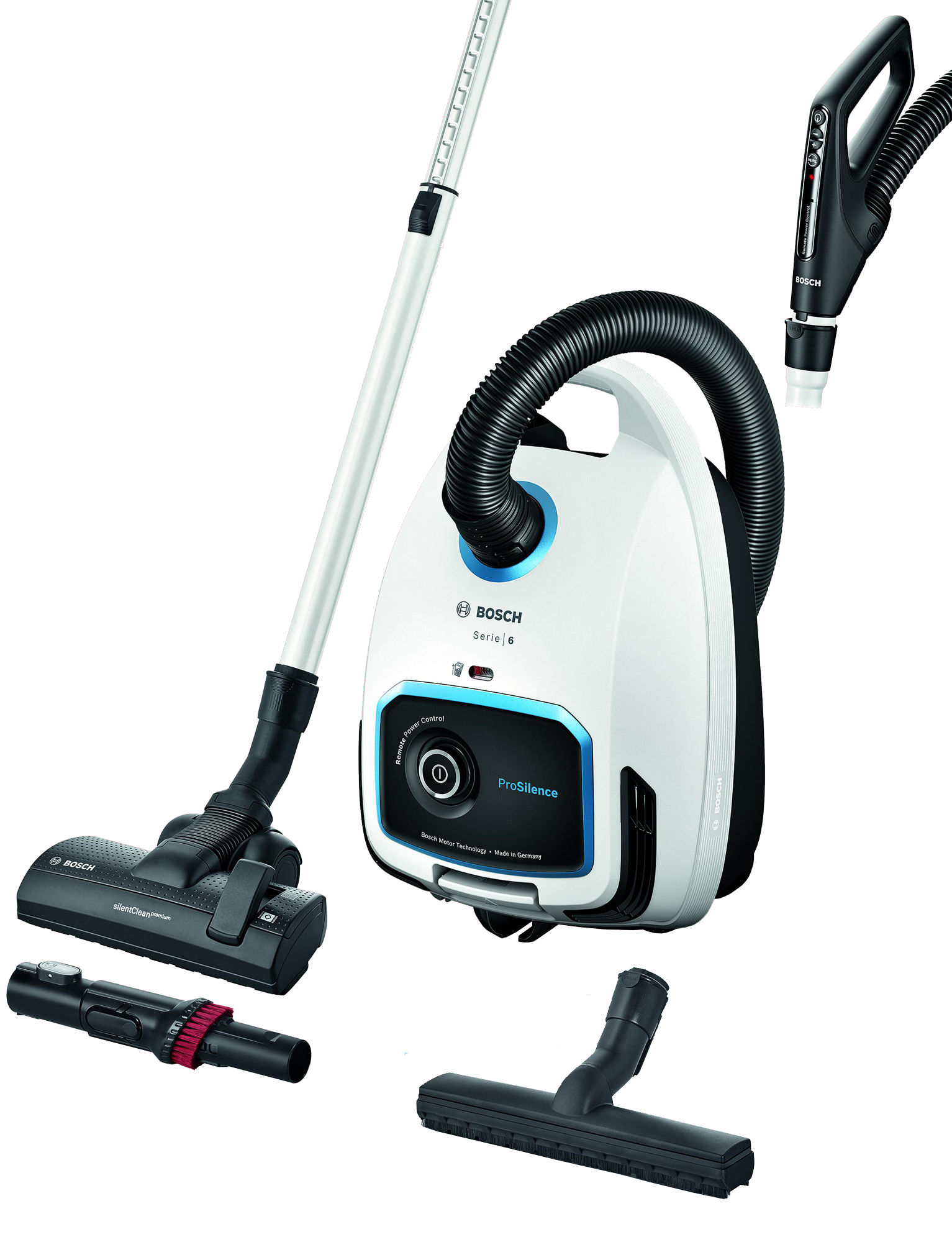 Odkurzacz z akcesoriami. Odkurzacz jest biało-niebieski, z czarnym wężem.