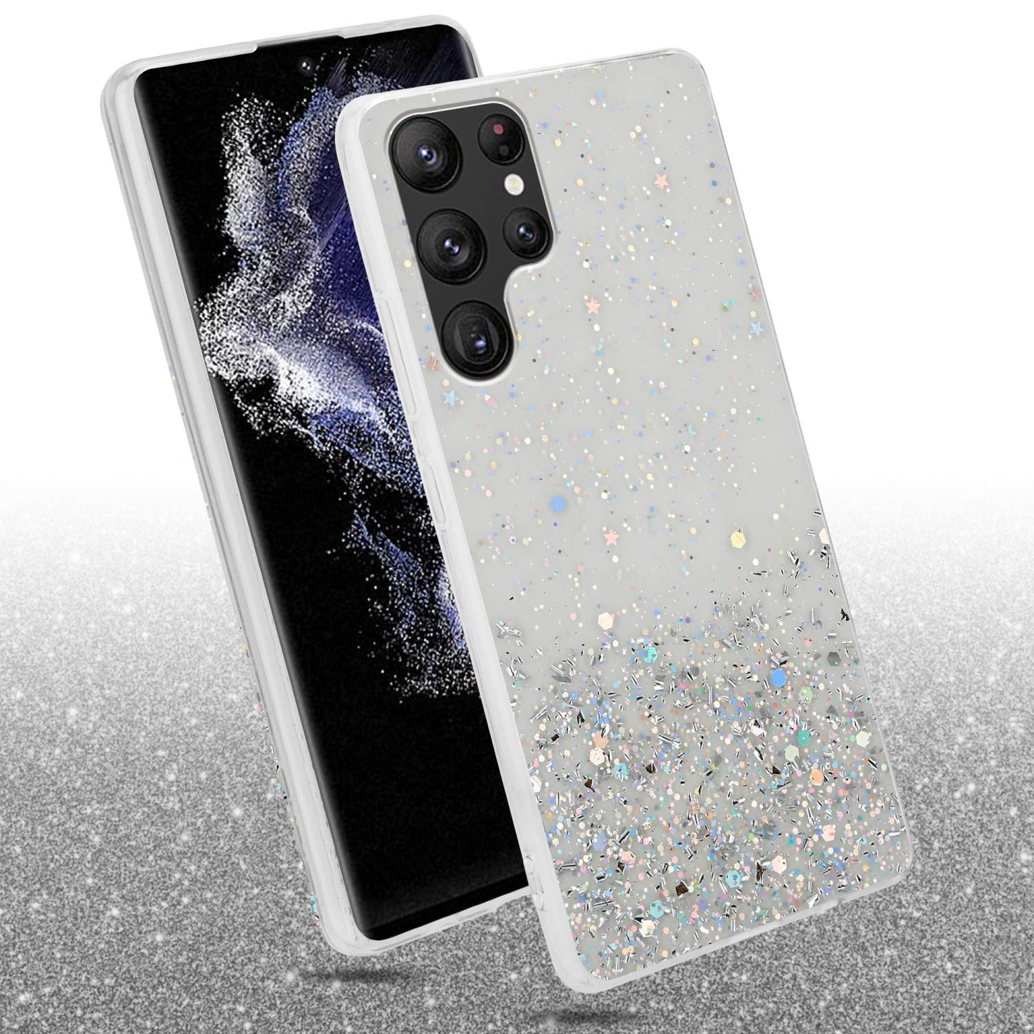 Custodia per telefono con glitter, accanto al telefono, su superficie lucida.