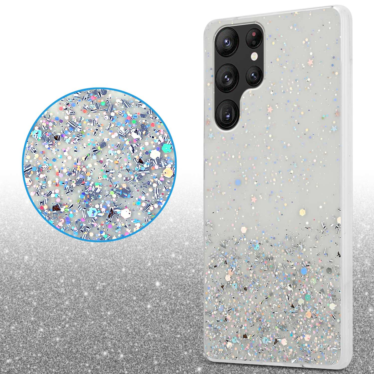 Custodia per telefono argentata con glitter e protezione trasparente per lenti.